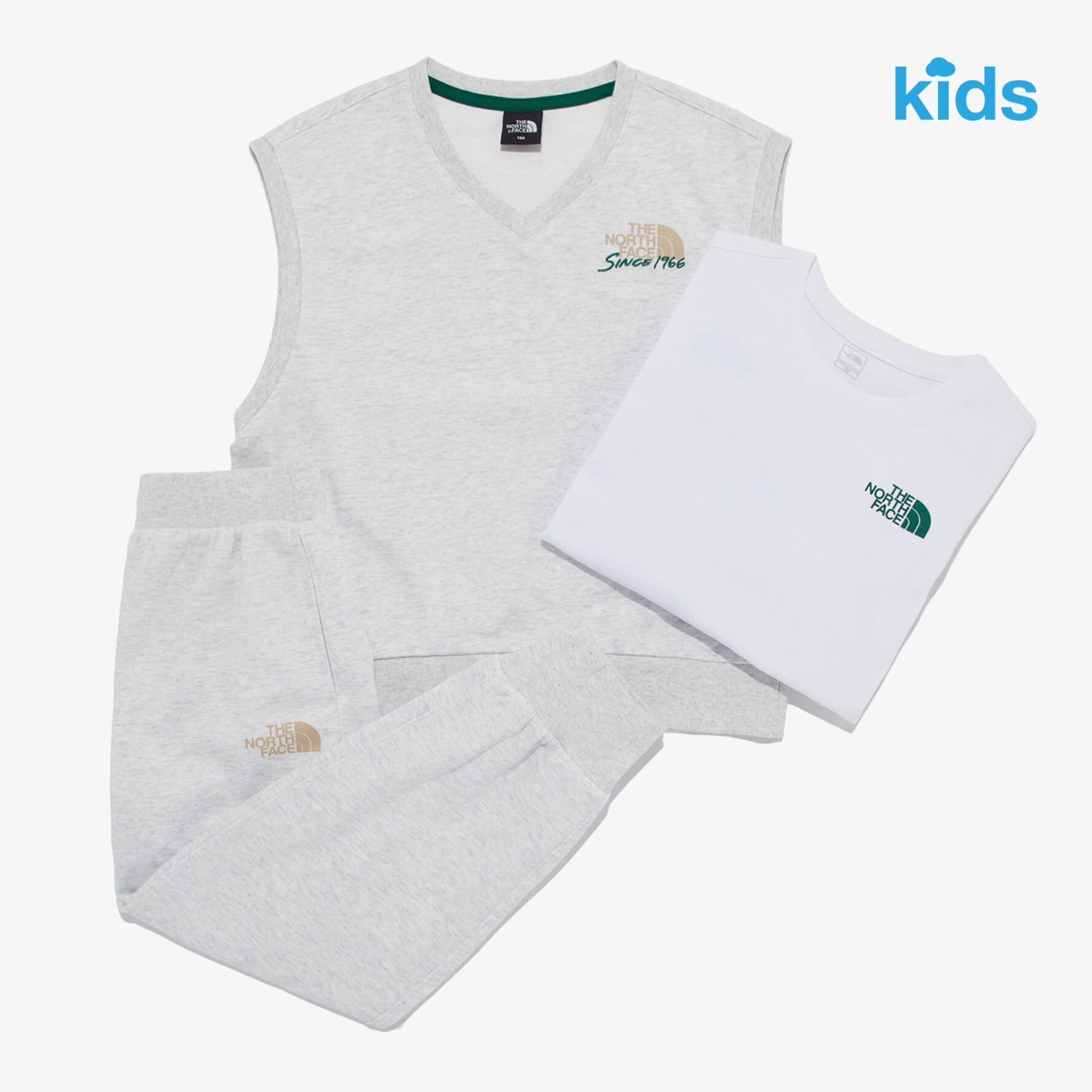 【OWN】The North Face 兒童套裝 背心 薄長袖 運動長褲 縮口褲 抽繩 彈性 棉質 秋冬套裝 小孩 藍 奶茶 灰