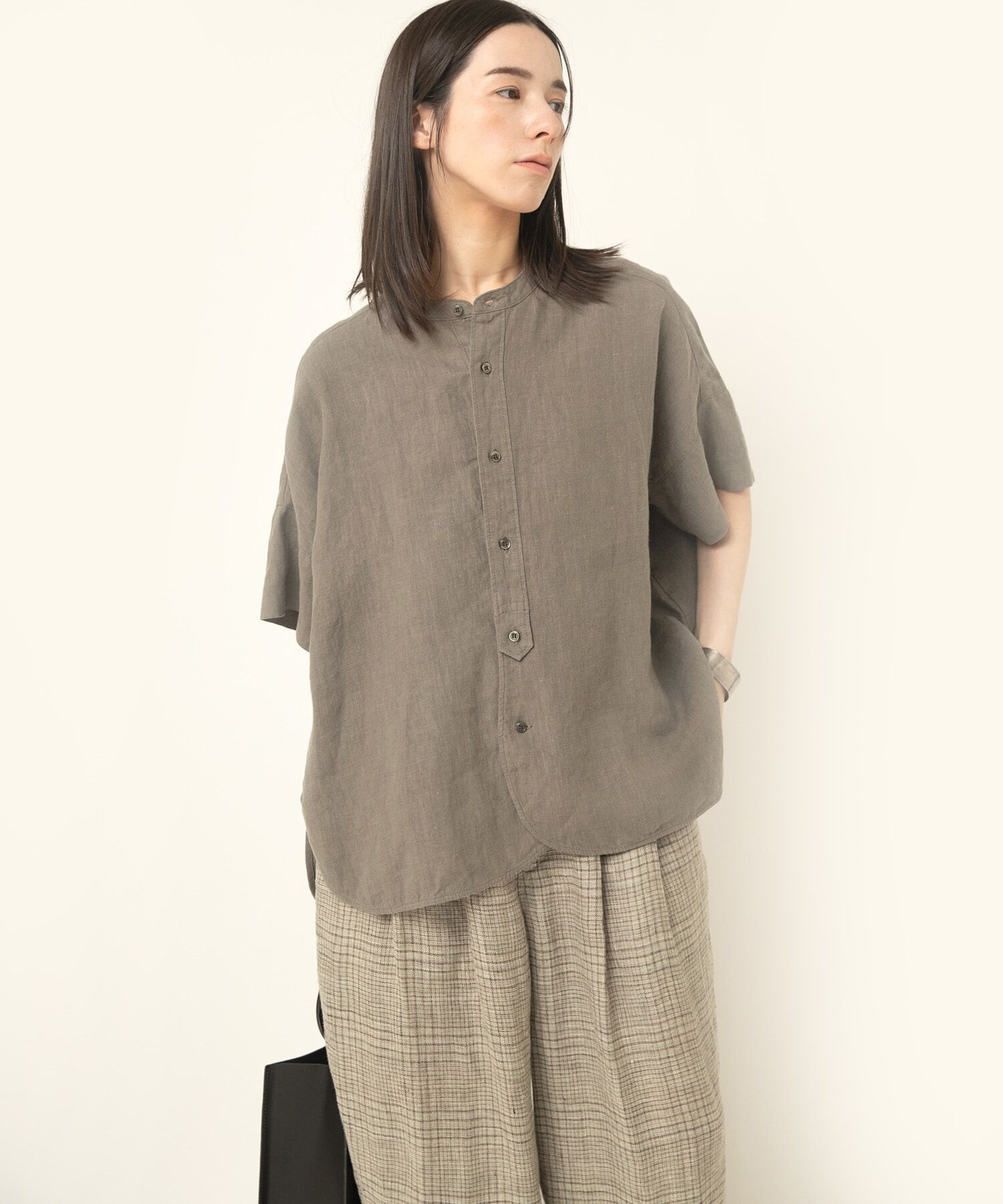 法式亞麻短袖襯衫上衣