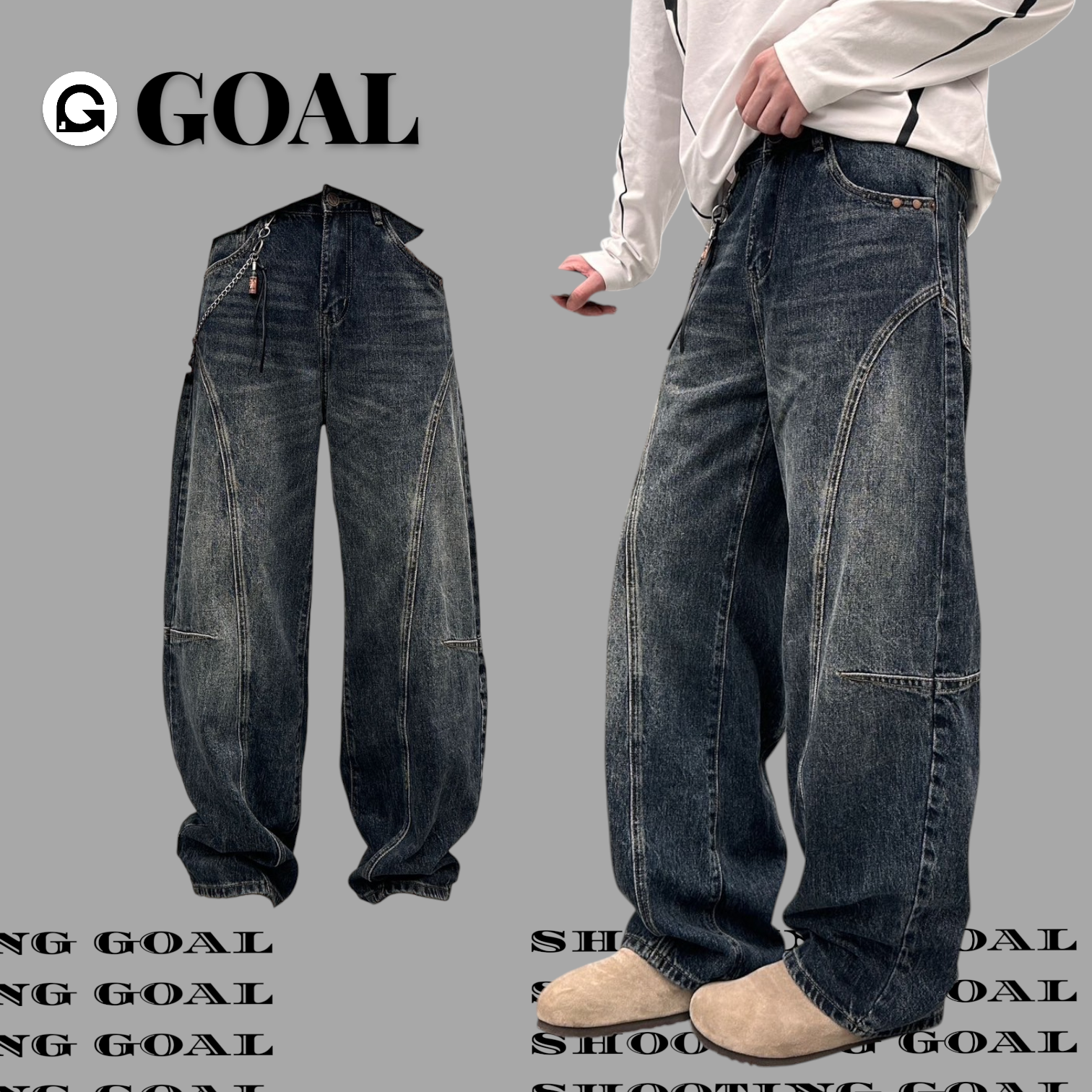 (GOAL) 美式復古解構設計直筒牛仔褲 附腰鏈 MDF M20697