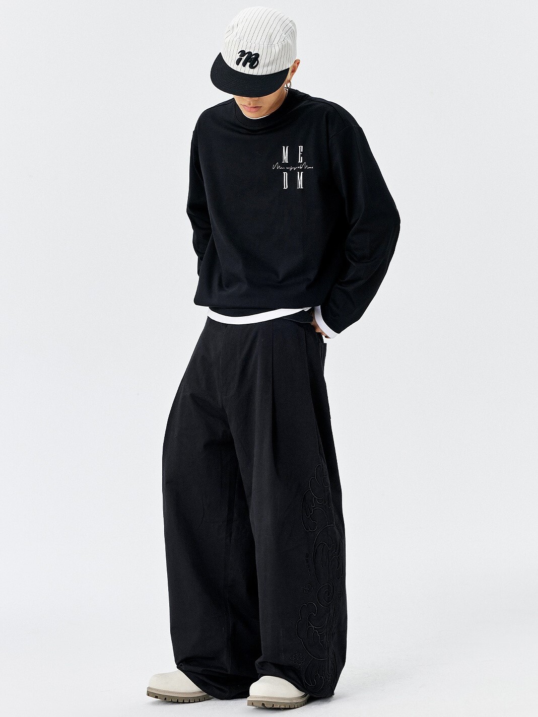 MEDM 新款字母側縫 立體刺繡花 闊腿寬鬆長褲