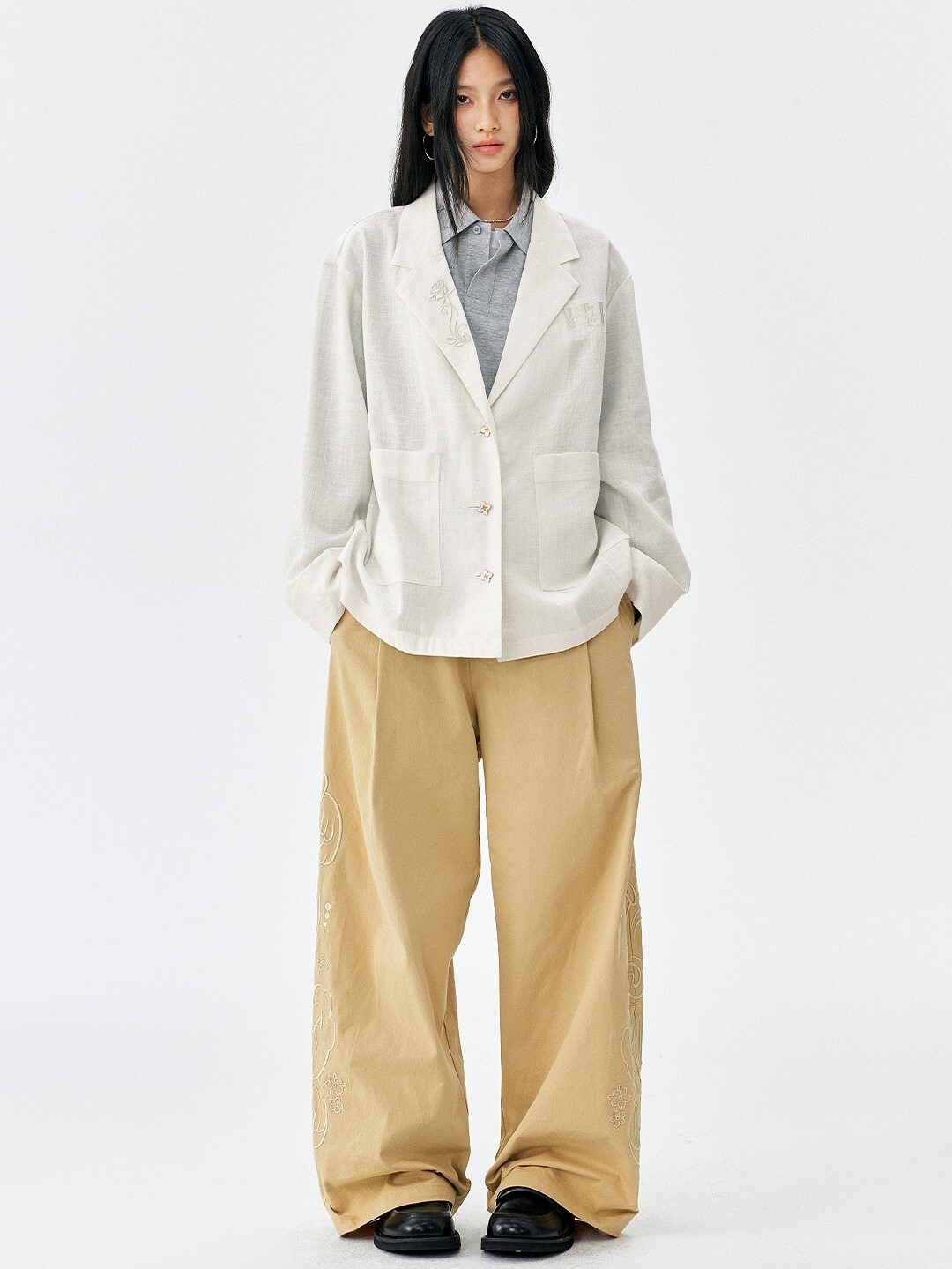 MEDM 新款字母側縫 立體刺繡花 闊腿寬鬆長褲