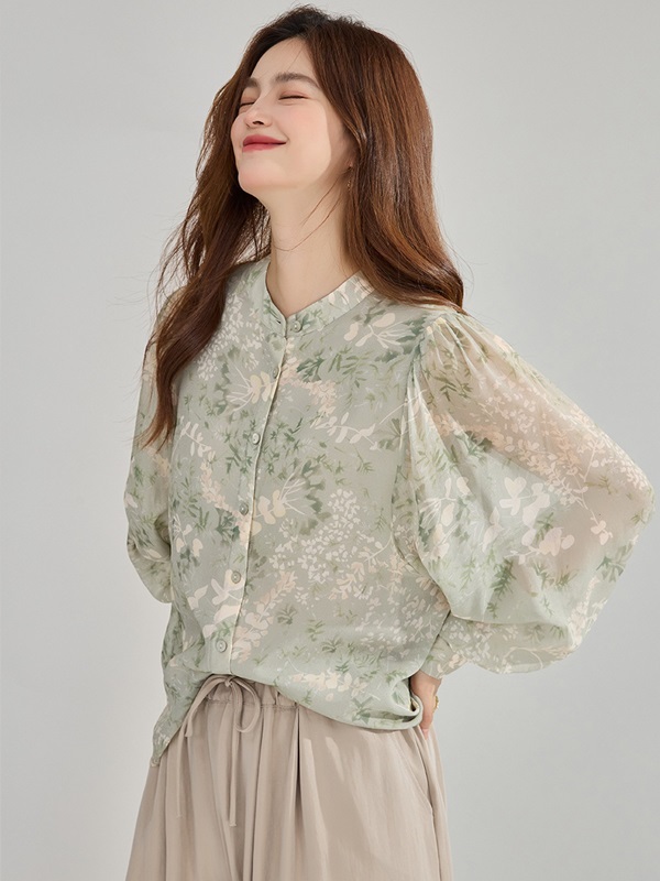 寬袖印花雪紡襯衫 綠色