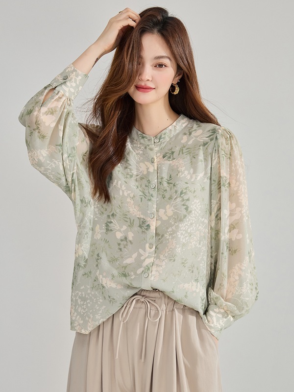 寬袖印花雪紡襯衫 綠色