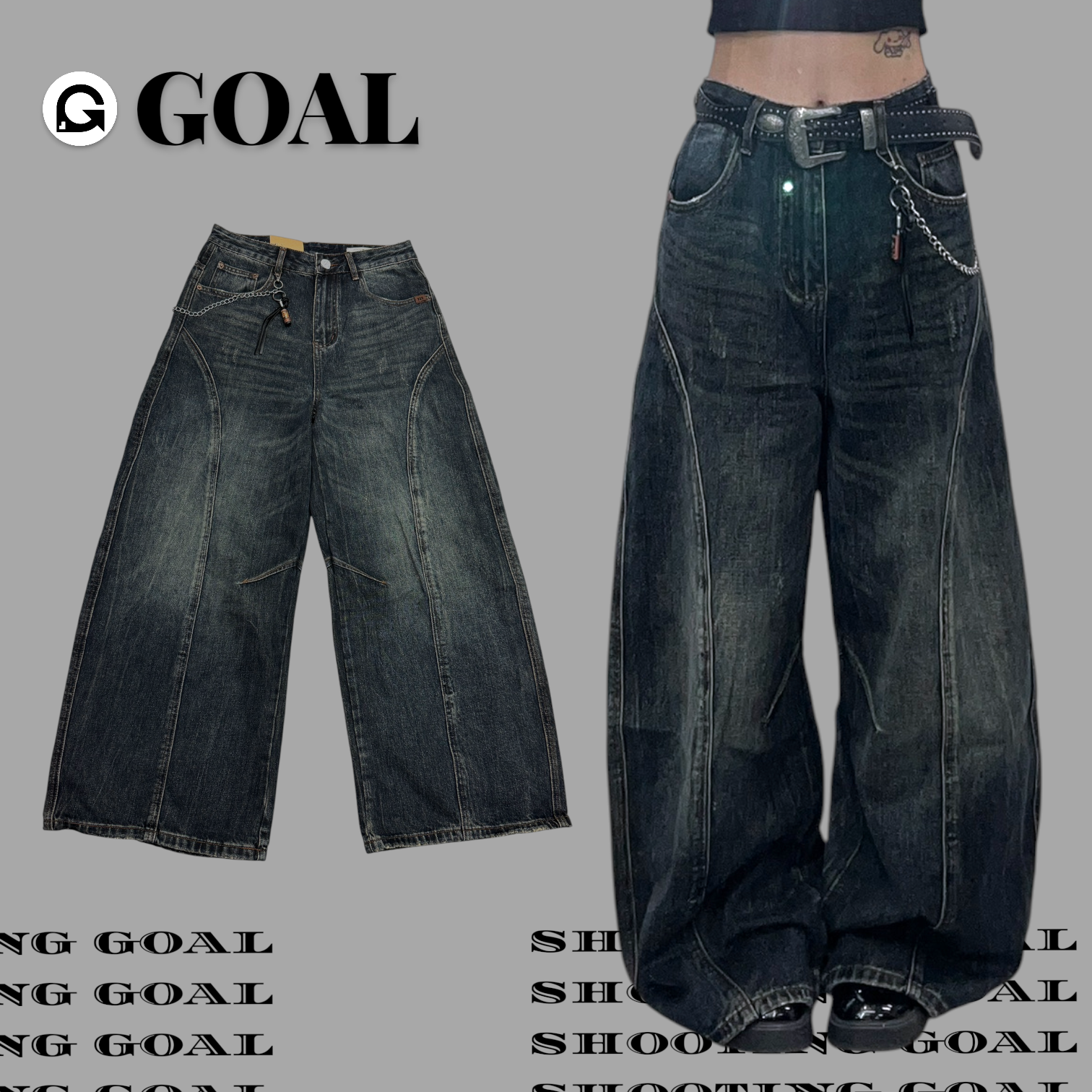 (GOAL)美式復古解構彎刀褲 附腰鏈 MDF Z00520