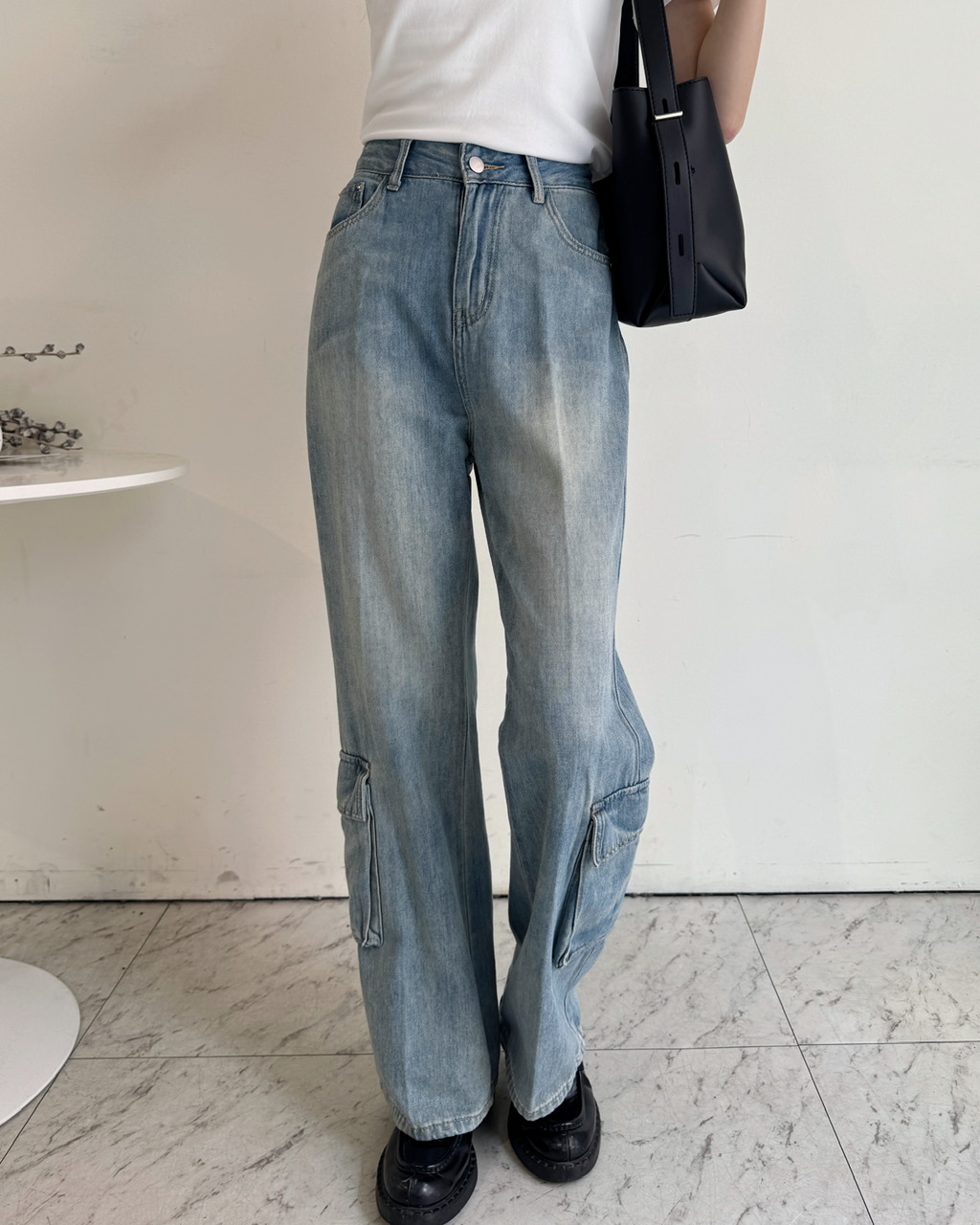 不撞褲直筒褲腳口袋設計牛仔褲-8665
