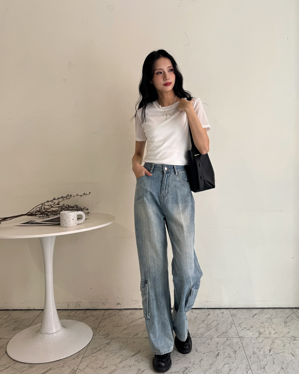 不撞褲直筒褲腳口袋設計牛仔褲-8665