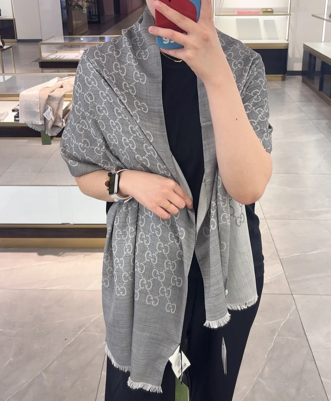 GG 女士羊毛真絲圍巾 淺灰色 #165904 3G646 1400