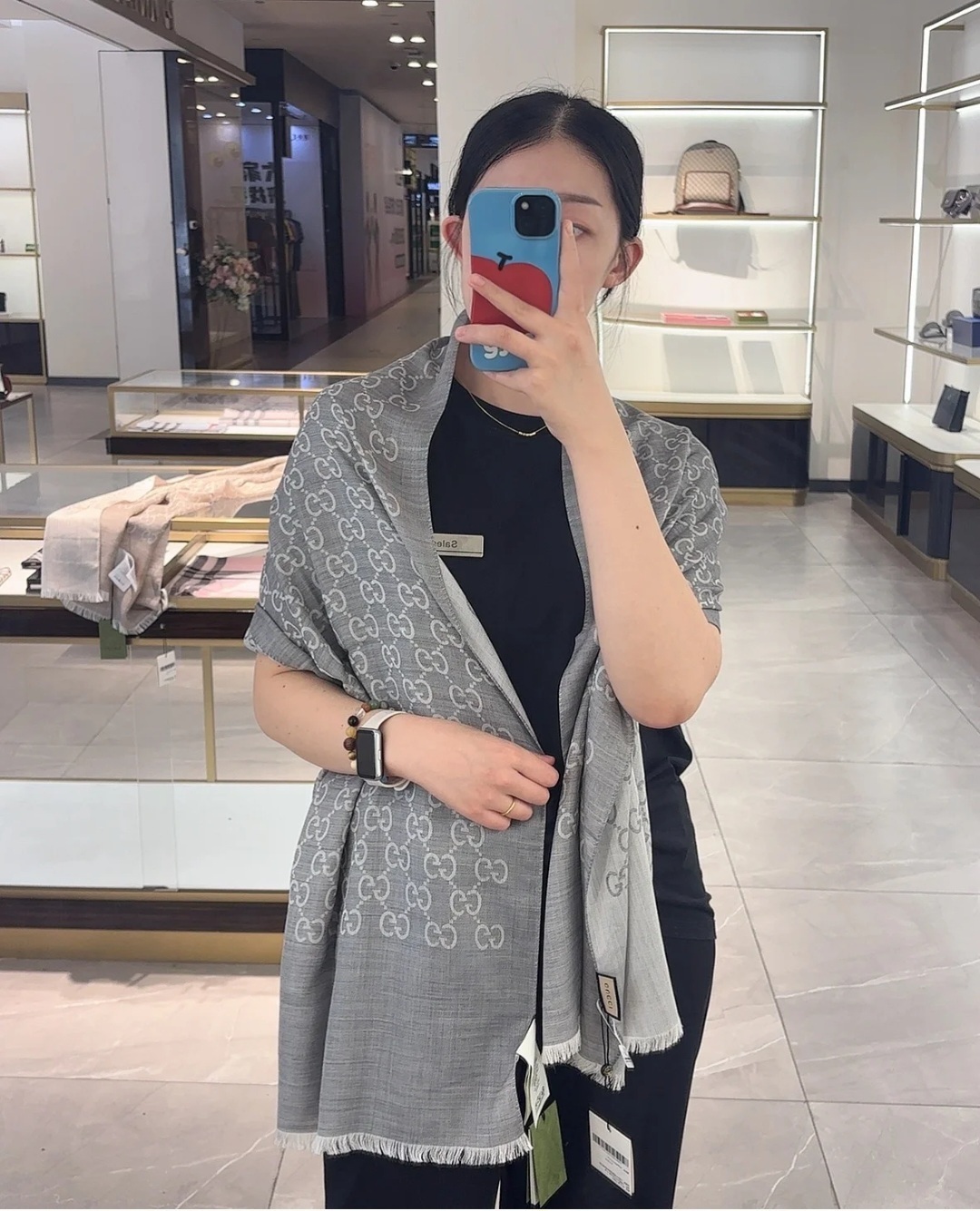 GG 女士羊毛真絲圍巾 淺灰色 #165904 3G646 1400