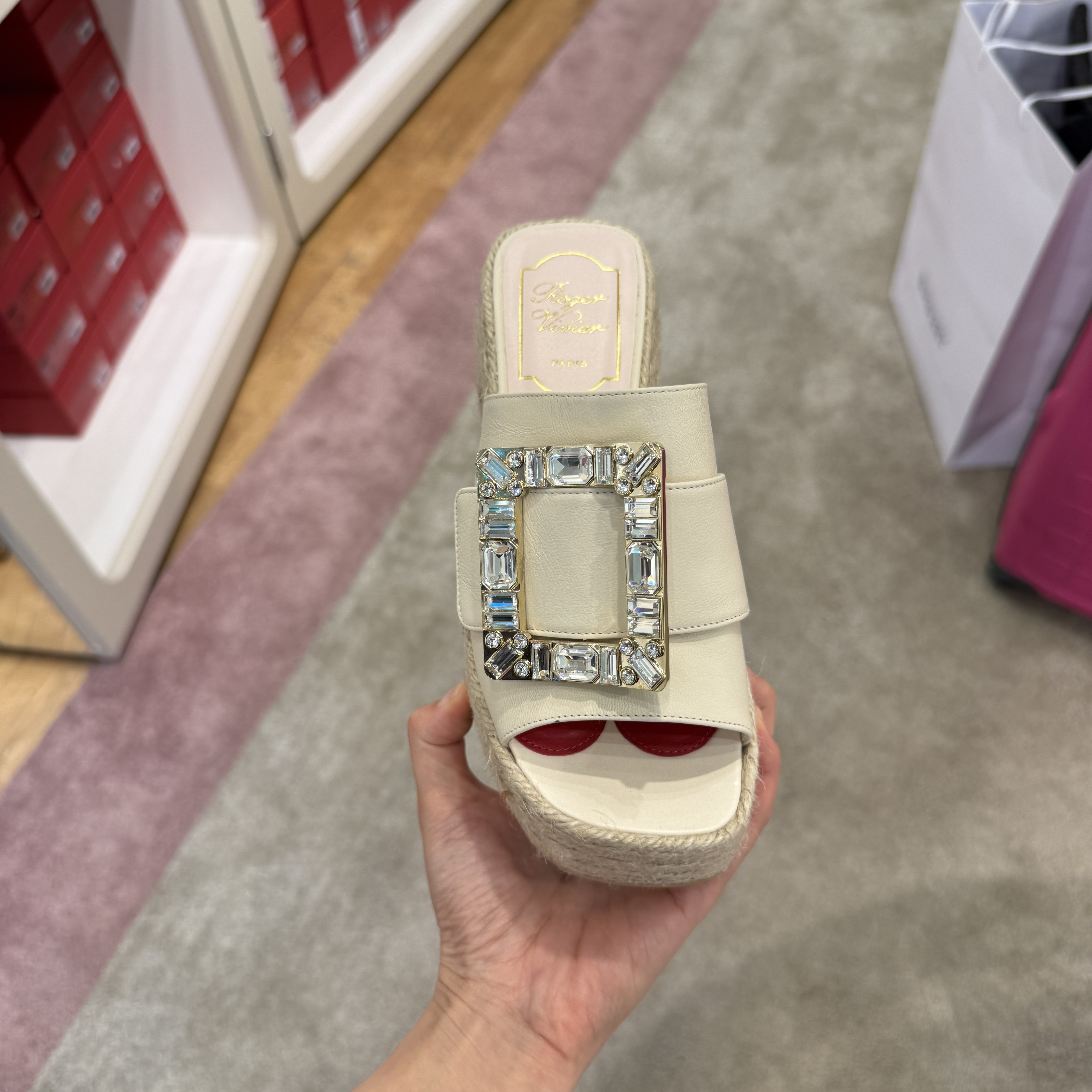 Roger Vivier RV crystal buckle Raffia platform mules natural