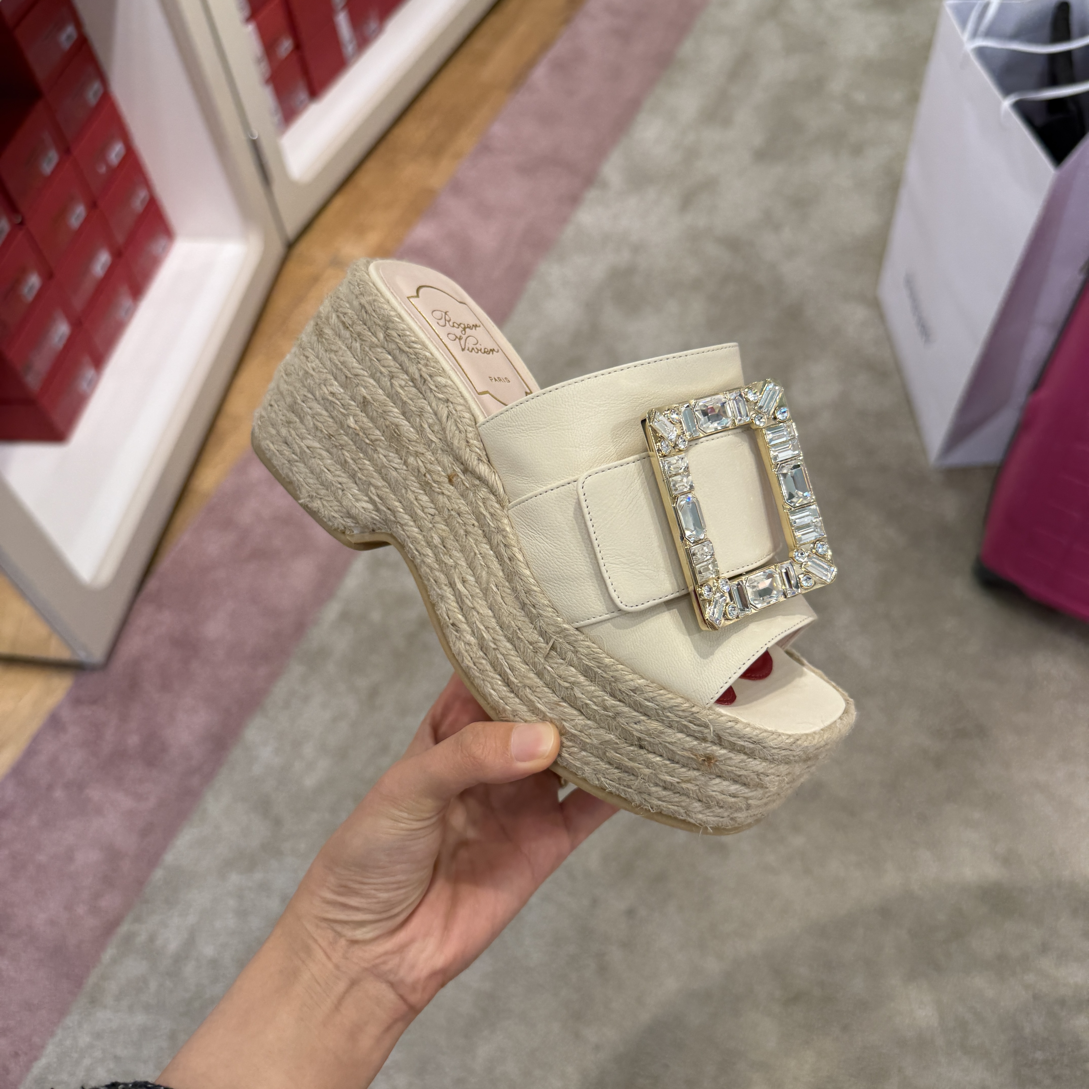 Roger Vivier RV crystal buckle Raffia platform mules natural