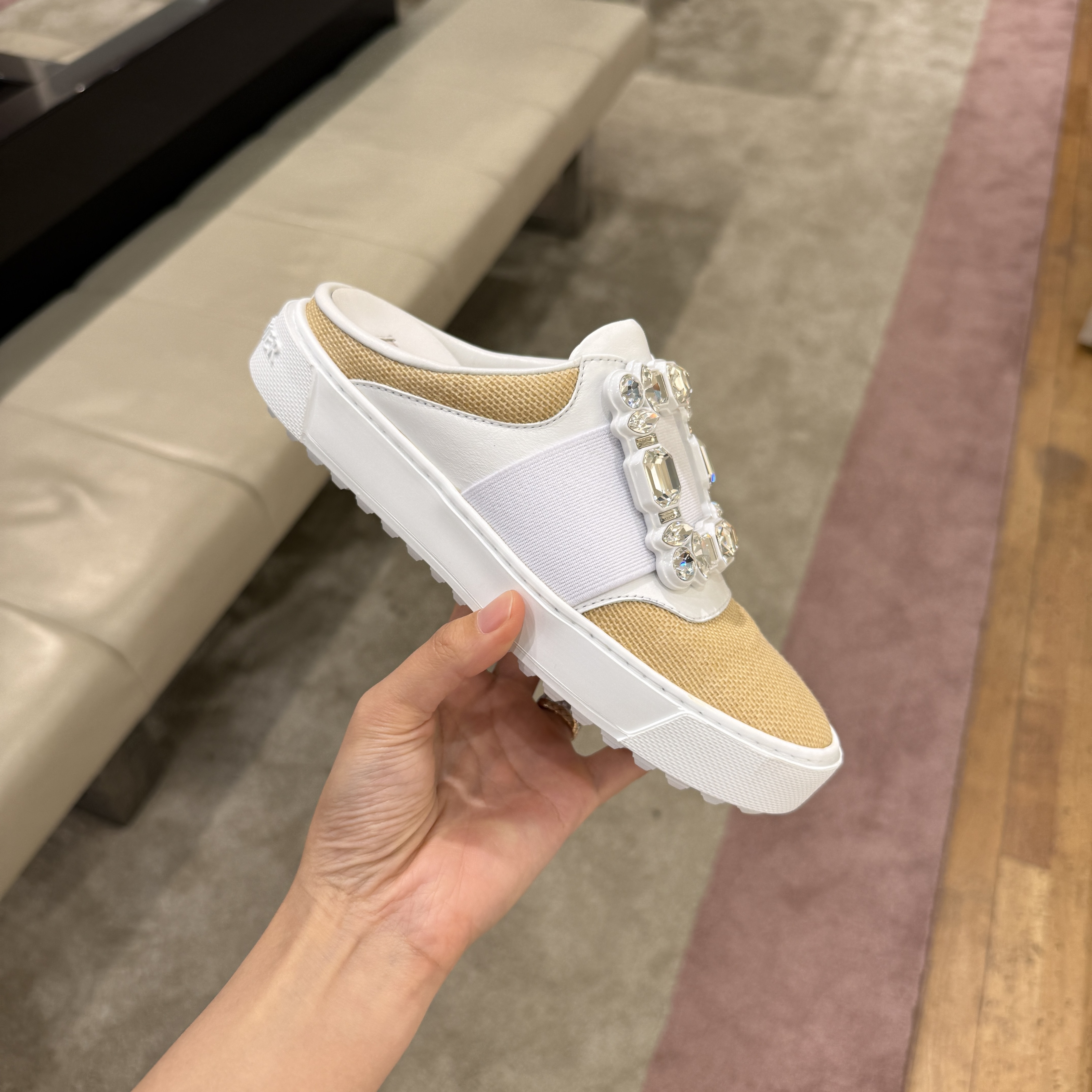 Roger Vivier RV very vivier raffia crystal buckle sneaker mules