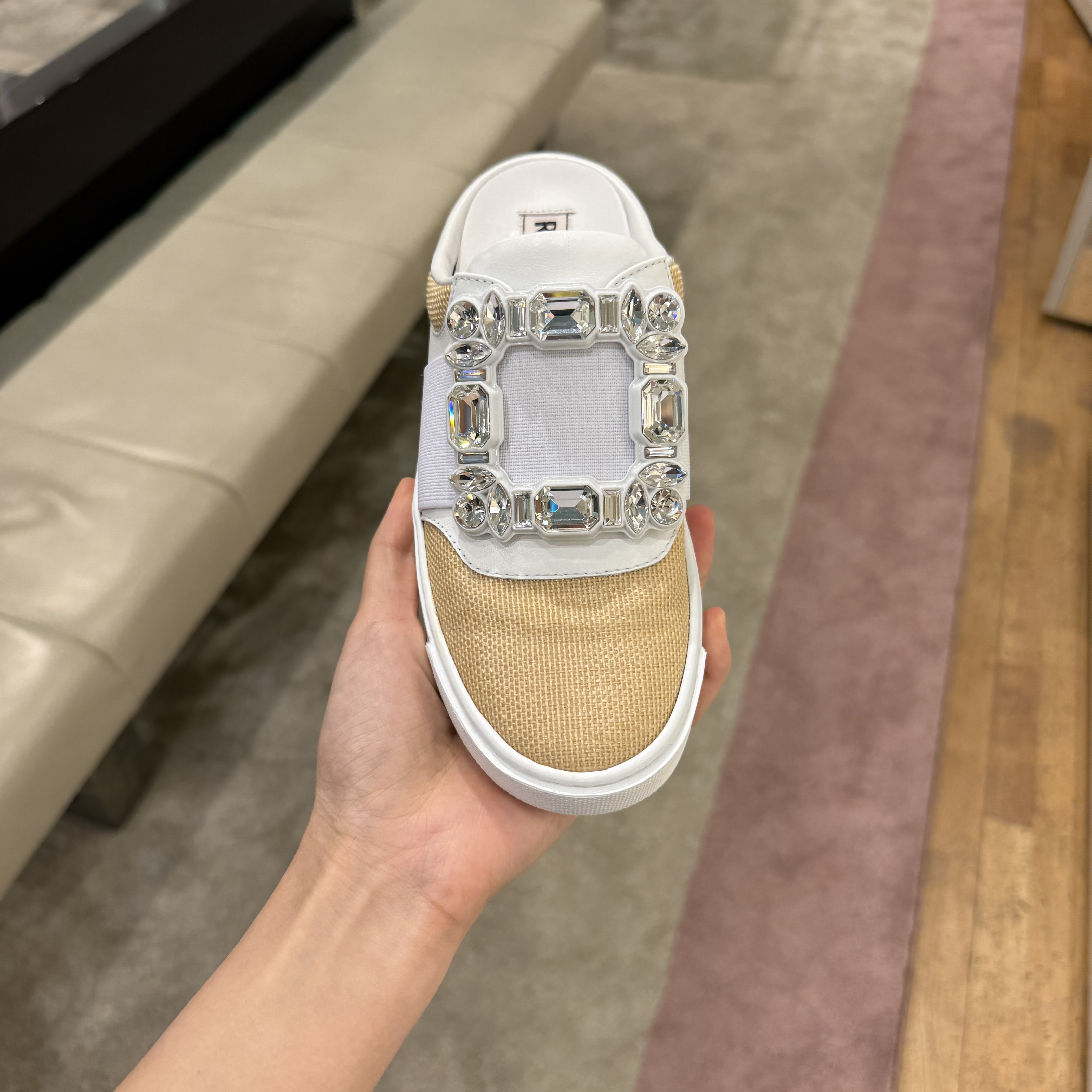 Roger Vivier RV very vivier raffia crystal buckle sneaker mules