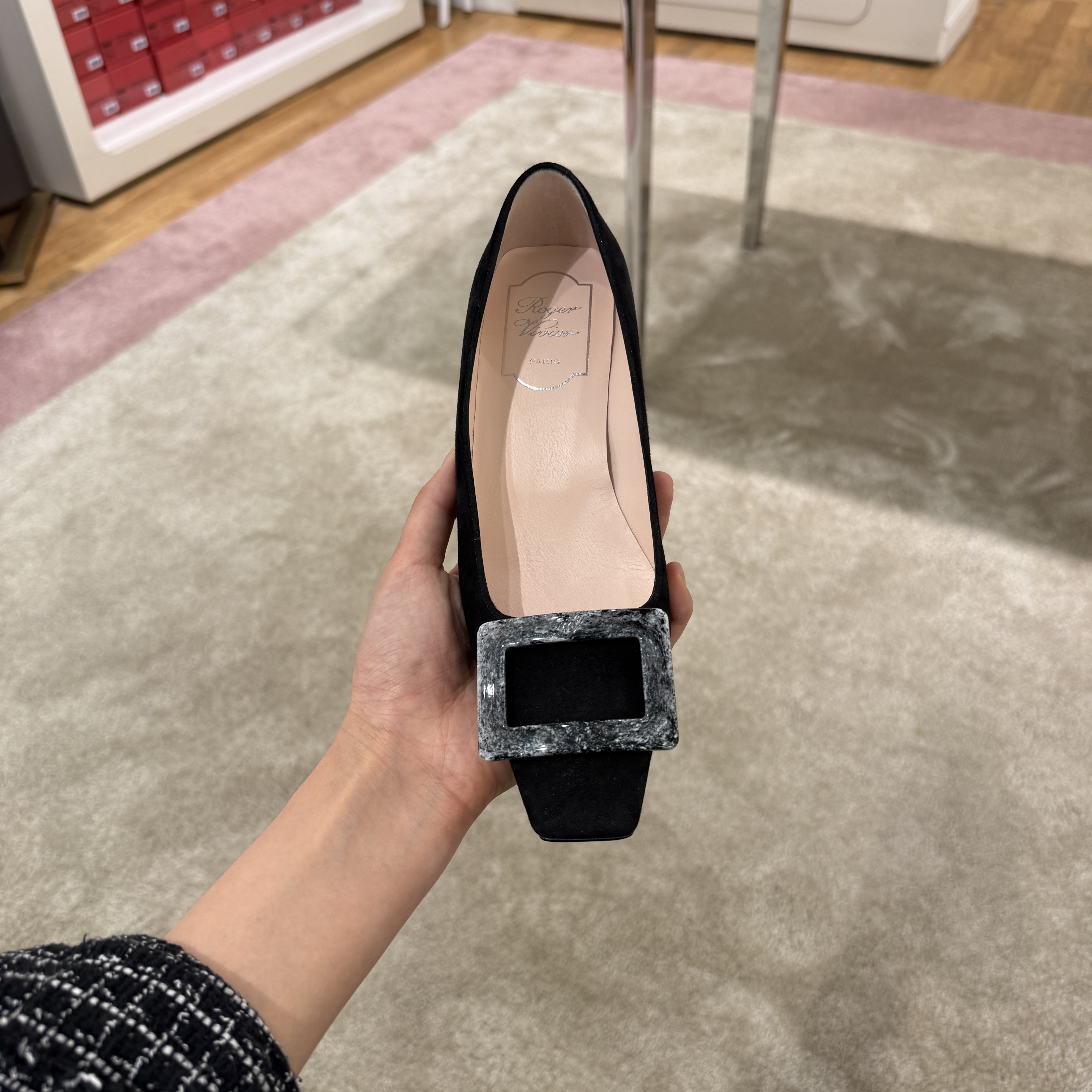 Roger Vivier RV Belle Vivier Stone Buckle Suede Heels Black