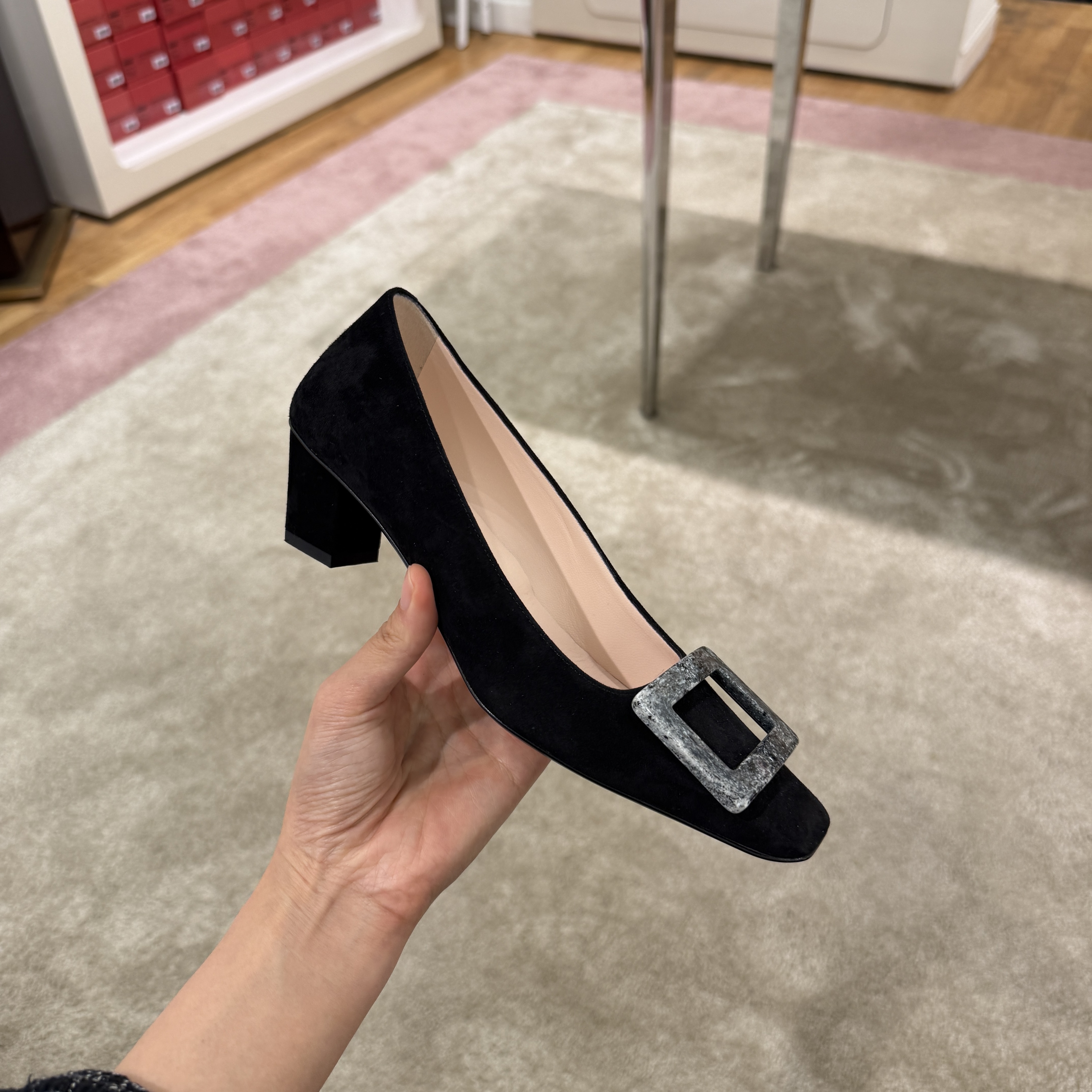 Roger Vivier RV Belle Vivier Stone Buckle Suede Heels Black