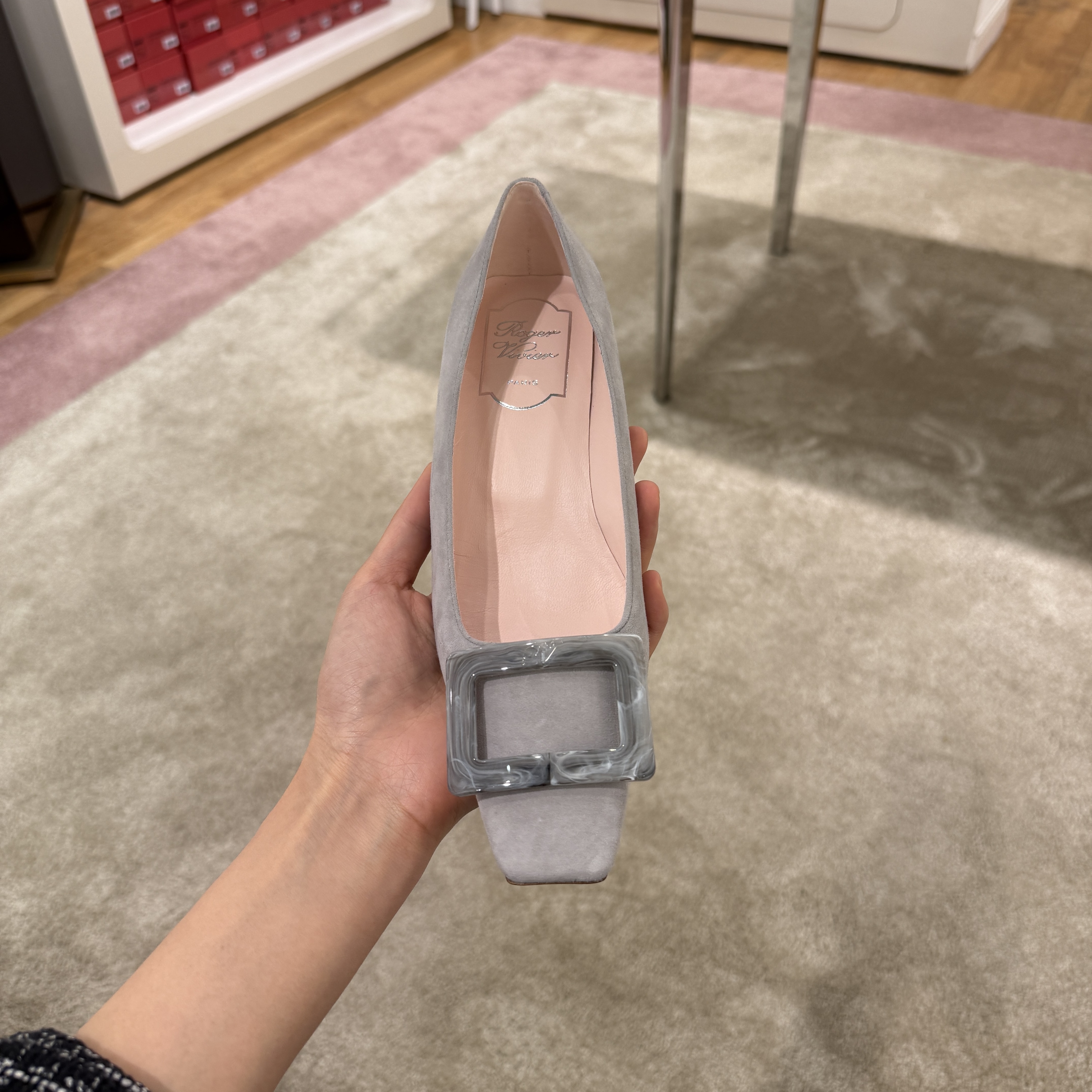 Roger Vivier RV Belle Vivier Stone Buckle Suede Heels Dark Grey