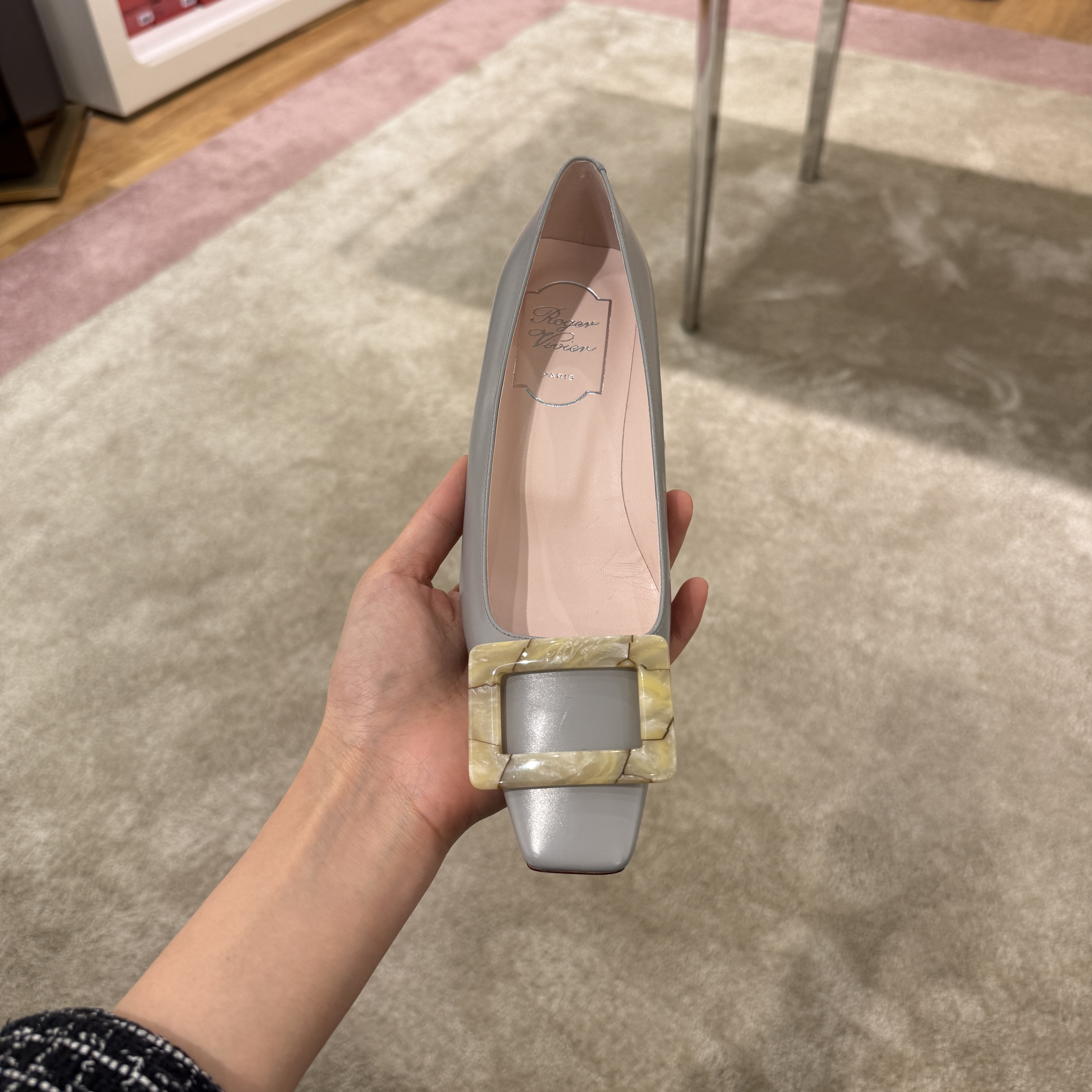 Roger Vivier RV Belle Vivier Stone Buckle Smooth Calf Heels Grey