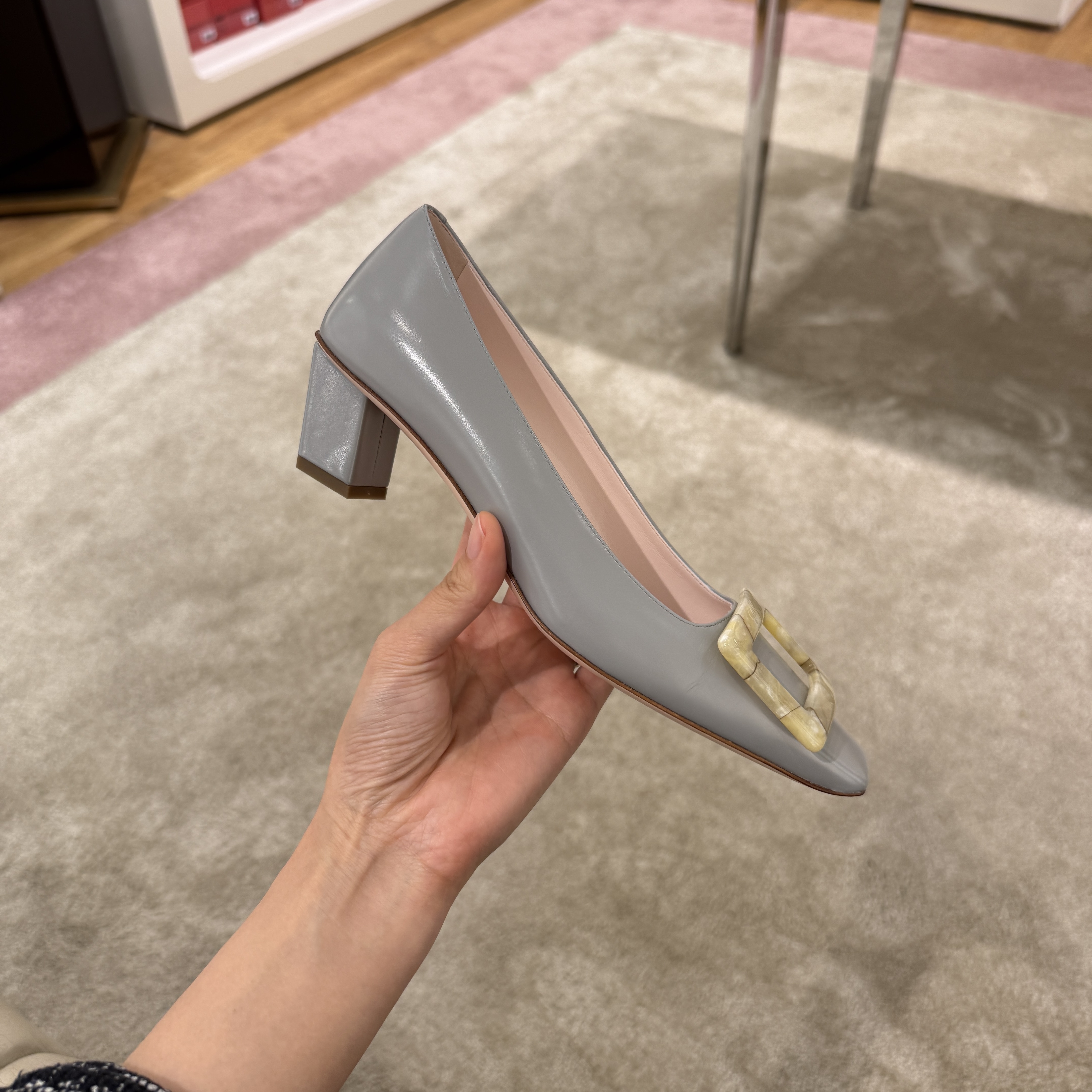 Roger Vivier RV Belle Vivier Stone Buckle Smooth Calf Heels Grey