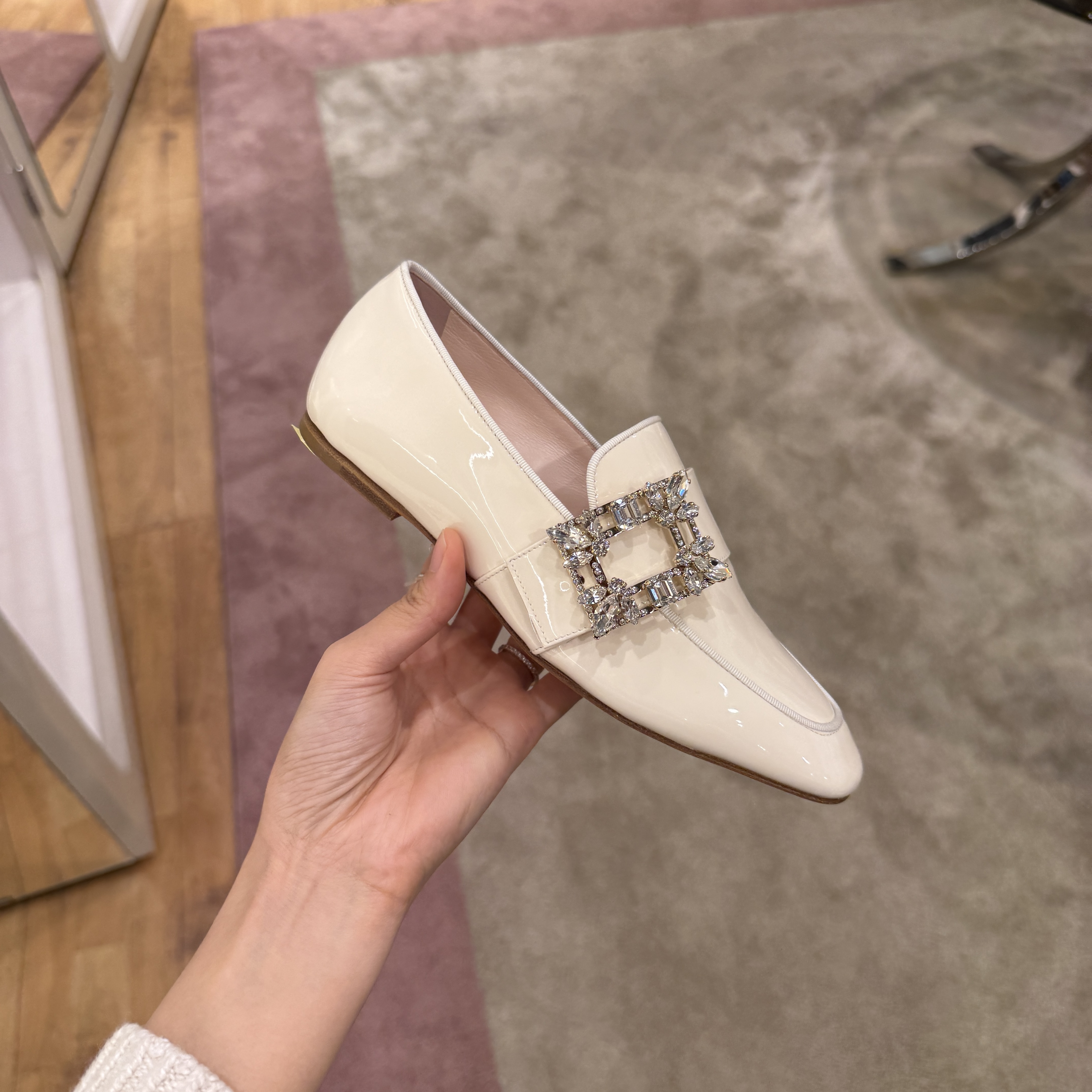 Roger Vivier RV Mini Broche Vivier Buckle Patent Loafers White