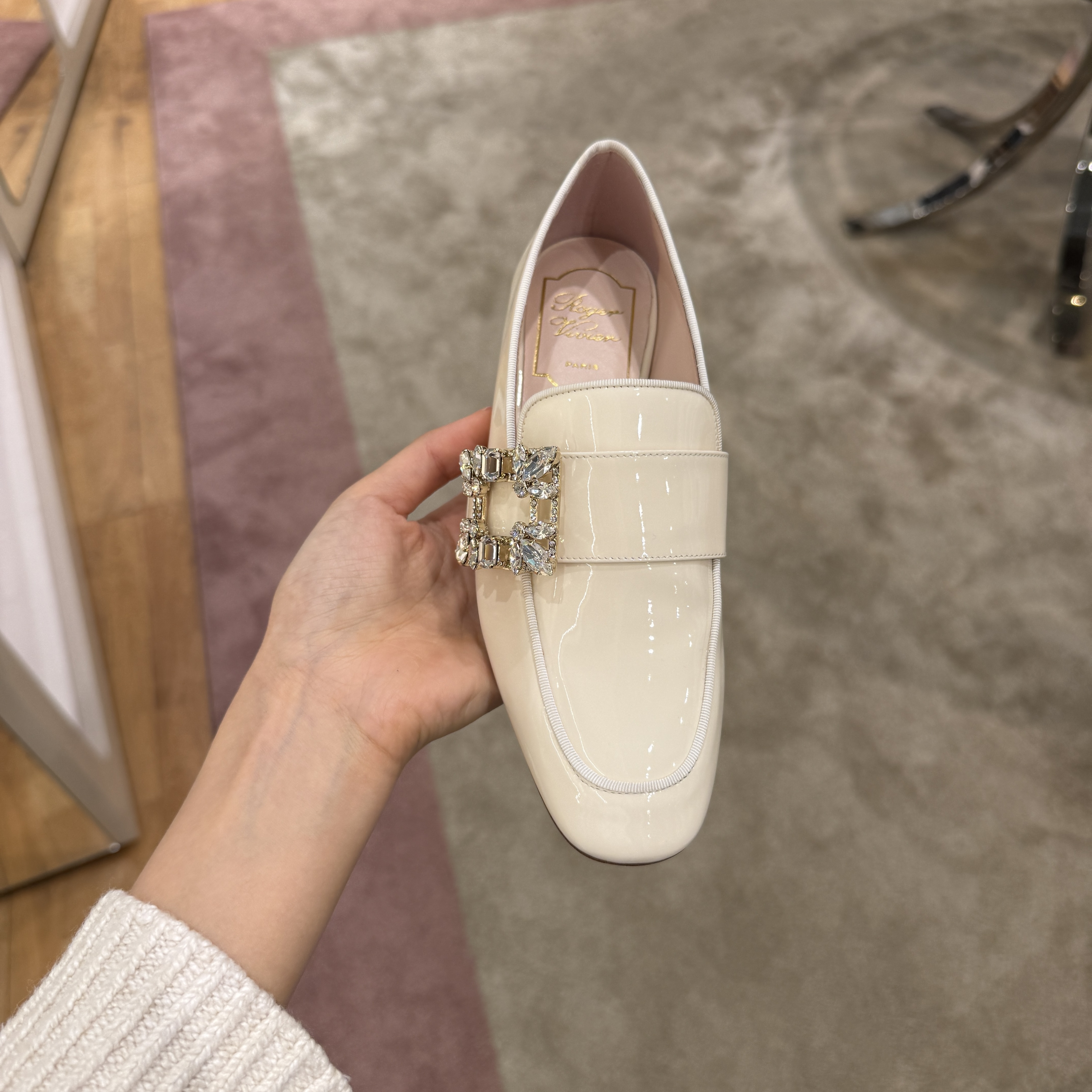 Roger Vivier RV Mini Broche Vivier Buckle Patent Loafers White