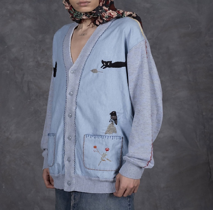 9/20 RE-STOCK: KAPITAL KNIT AND CHAMBRAY CARDIGAN (CROW AND CAT EMBROIDERY) - LT.BLUE PRE ORDER ITEM (預訂中)