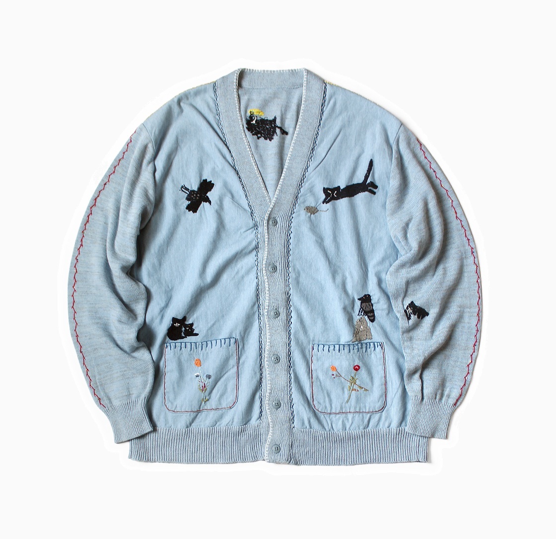 9/20 RE-STOCK: KAPITAL KNIT AND CHAMBRAY CARDIGAN (CROW AND CAT EMBROIDERY) - LT.BLUE PRE ORDER ITEM (預訂中)