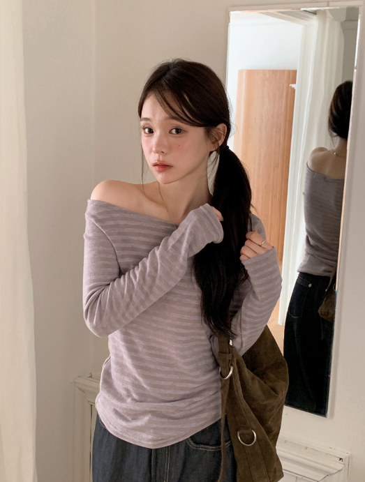 早秋預訂｜STRIPE船領單肩針織長袖上衣