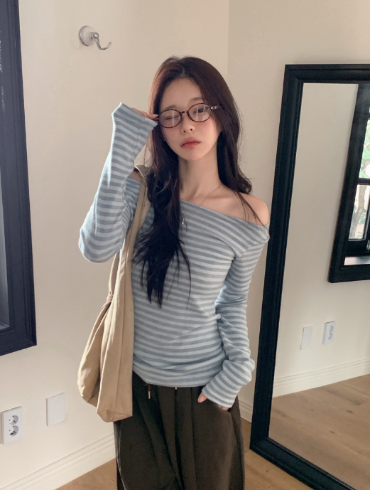 早秋預訂｜STRIPE船領單肩針織長袖上衣