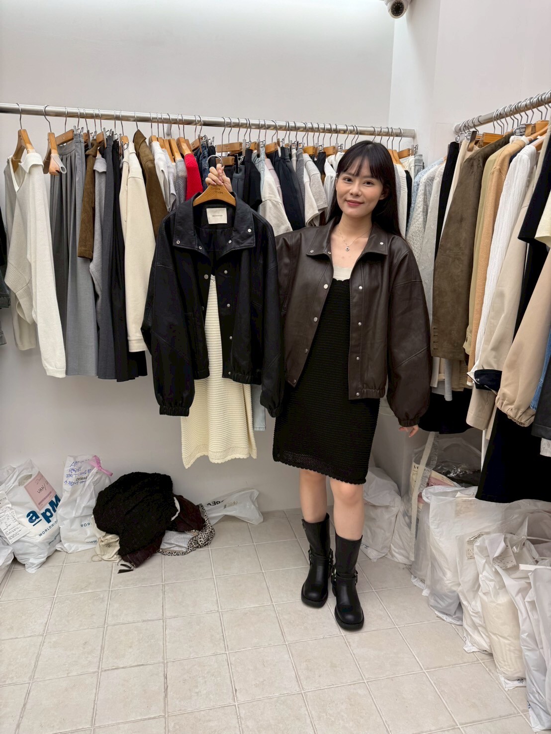 DR5049 PU皮小企領啪扣外套