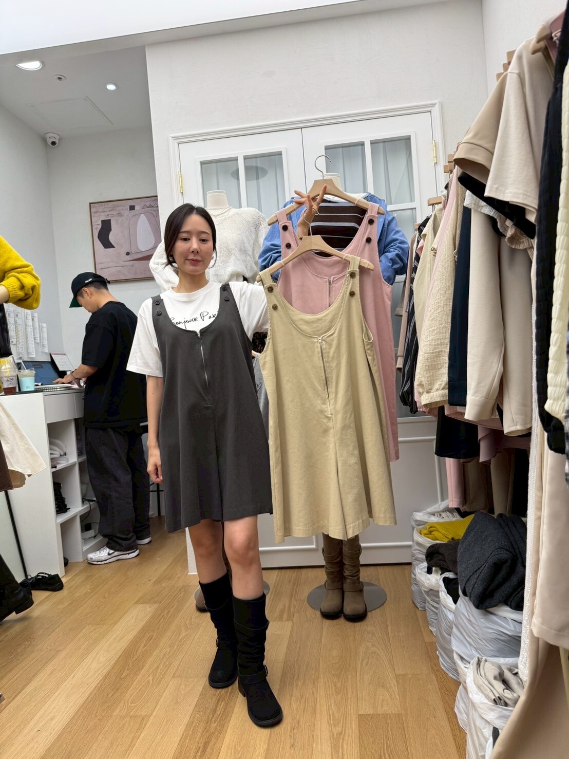 RF5016 木紋鈕胸前拉鏈背心褲