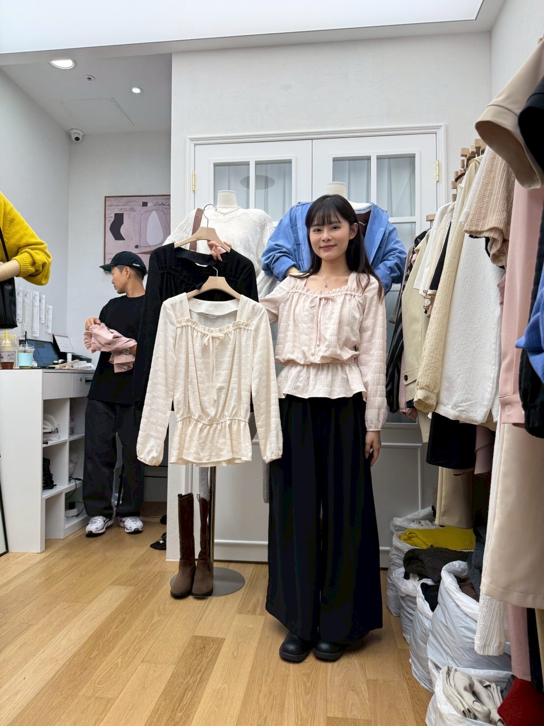 RF5034 泡泡格紋收腰線方領上衣