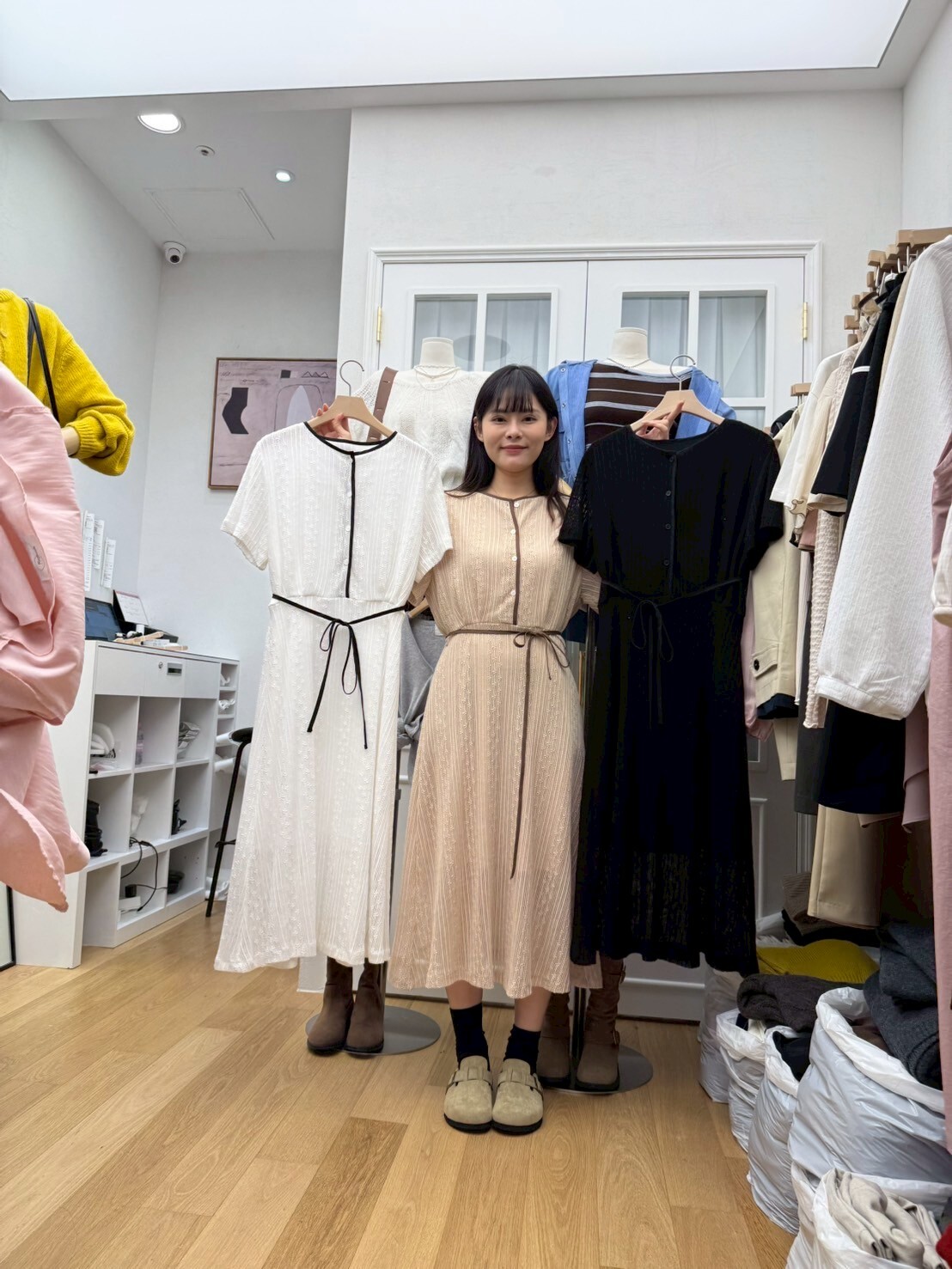 RF5035 撞色邊織紋排扣綁腰帶連身裙