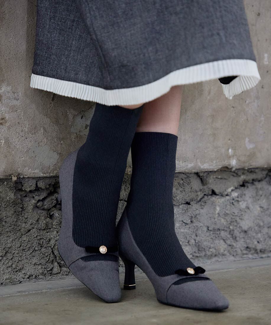 [預購] 折扣RANDA 珍珠蝴蝶結拼接針織靴