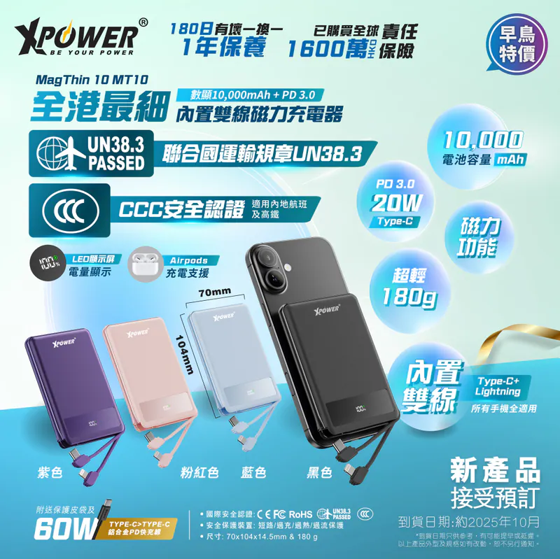 (預售產品)(3C認證)XPower MagThin 10 MT10數顯 10000mAh內置雙線 PD3.0 移動電源