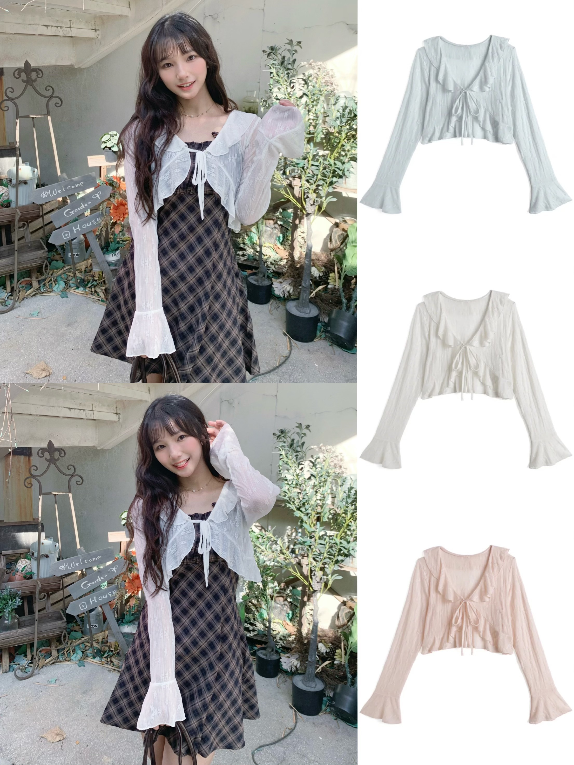 JP1055｜日本直送！荷葉邊花花透視綁帶短版外套