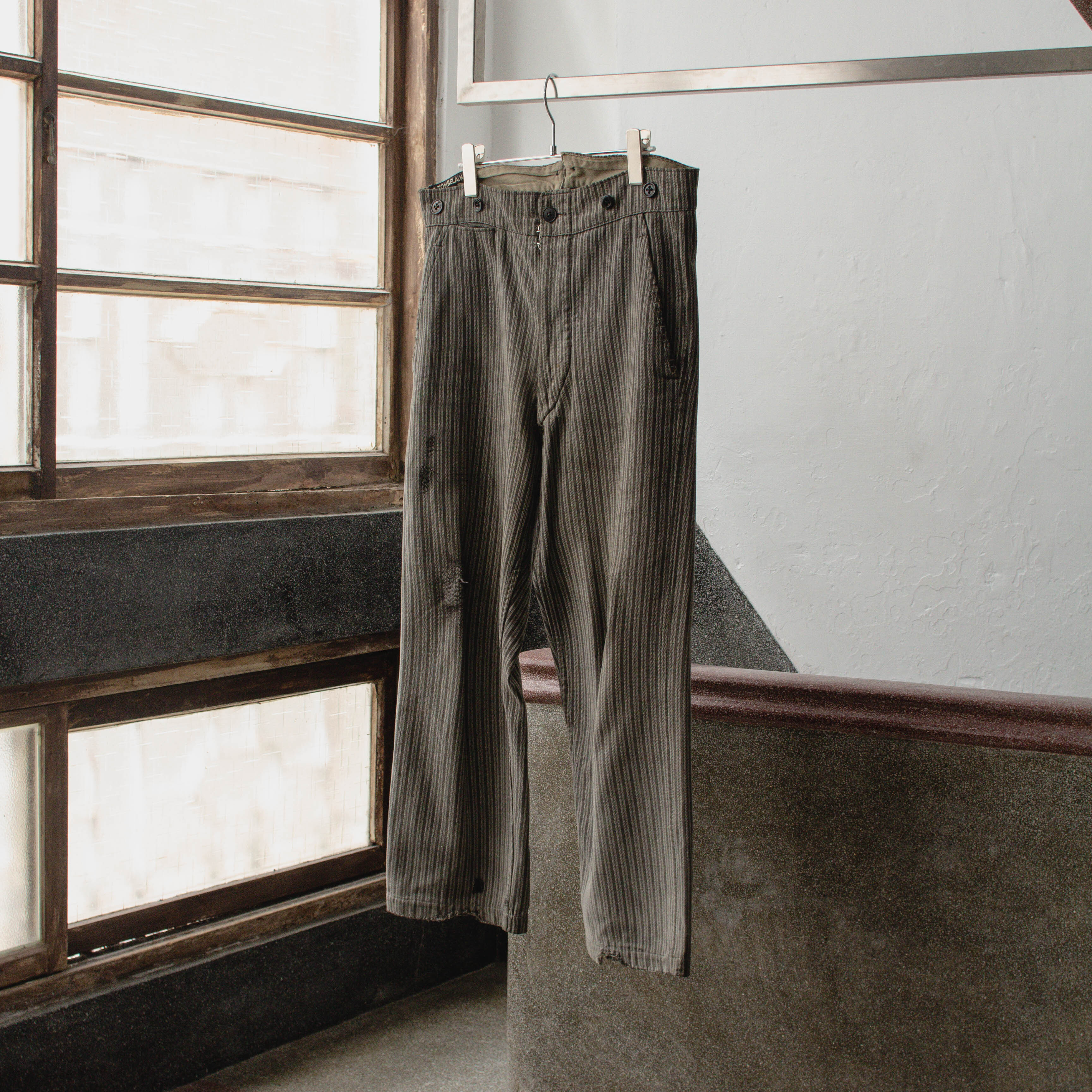 【L'ARCHIVE】 40S FRENCH FARMER WORK TROUSERS 法國 農夫 條紋 後腰調節 吊帶 工作褲