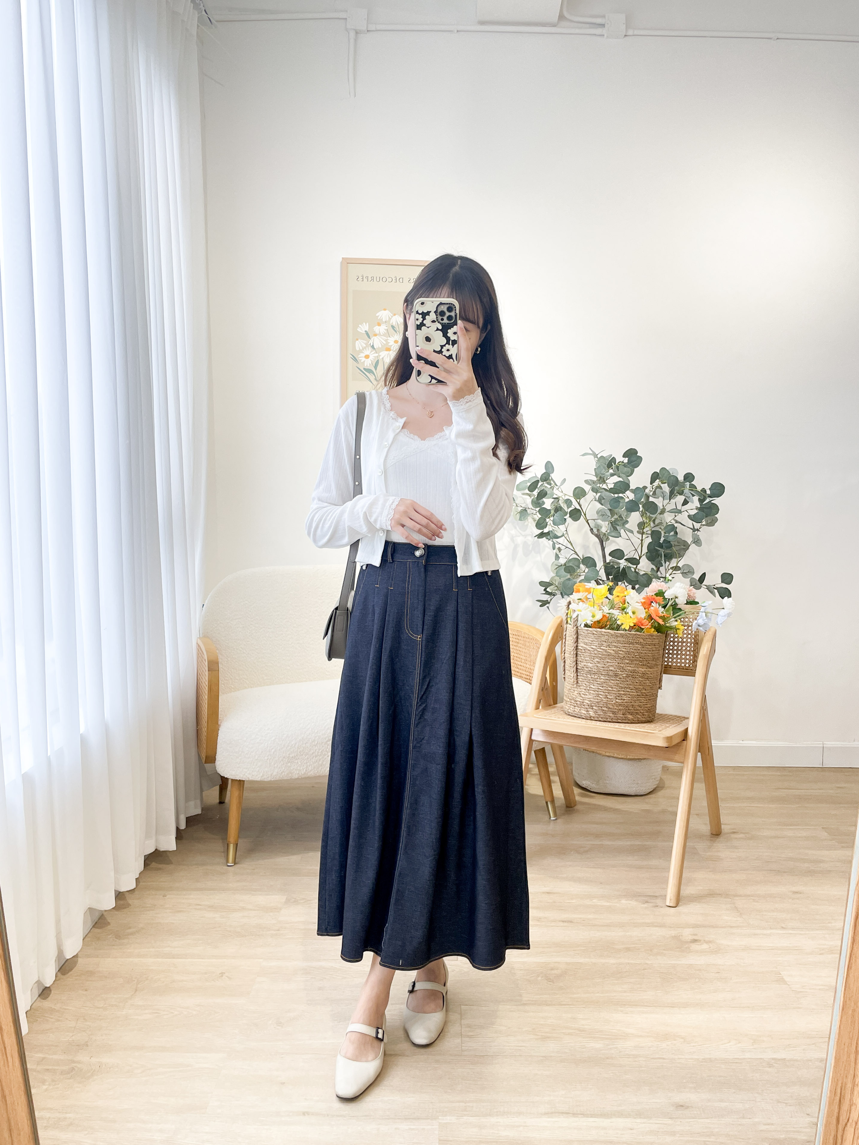 SK574 Lily Pleated Denim Long Skirt