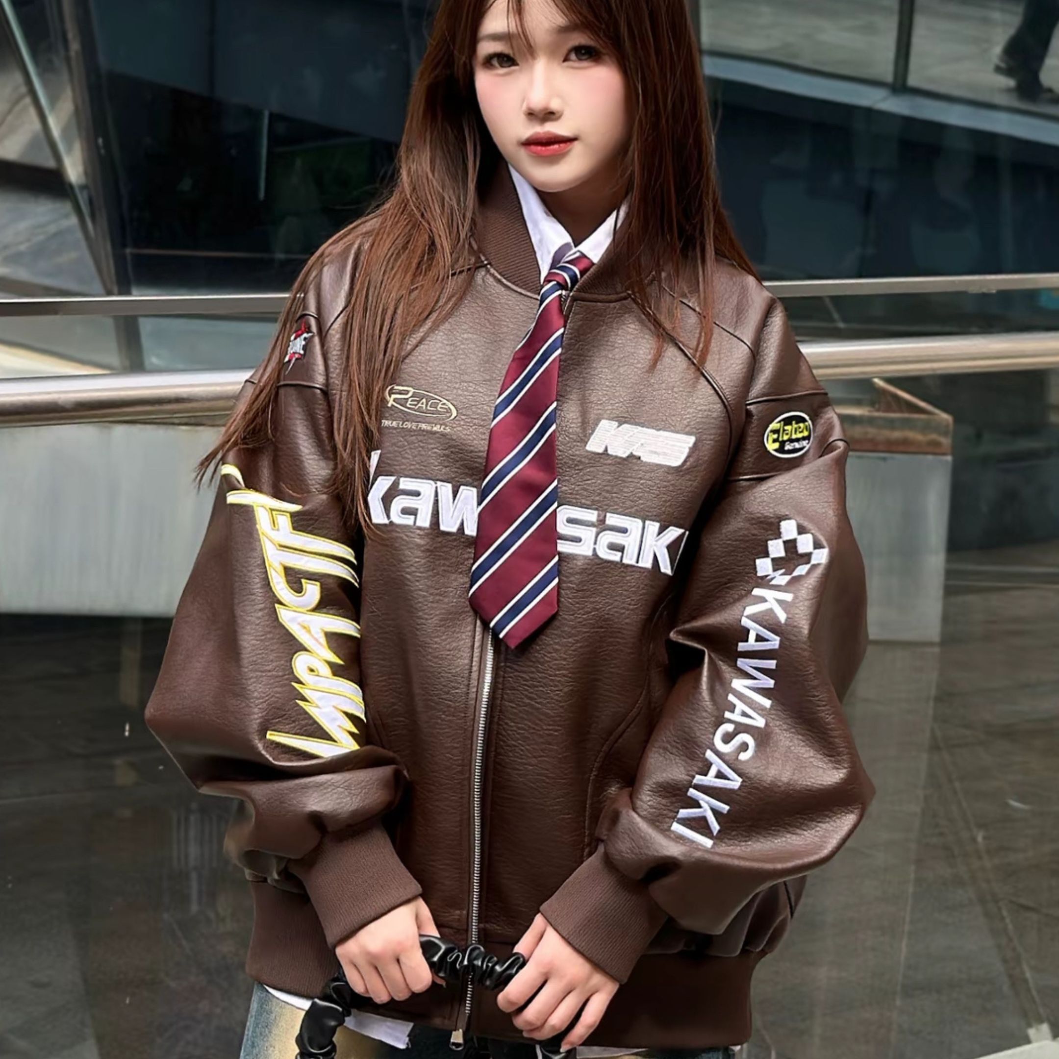 NICEDAY 代購 服飾 Kawasaki 川崎 美式 飛行外套 棕色 黑色 皮衣 復古 拼接 簡約 防風