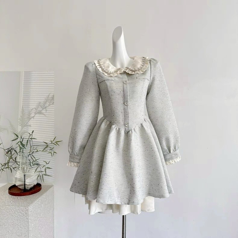 重工娃娃領收腰系閃水藍色洋裝