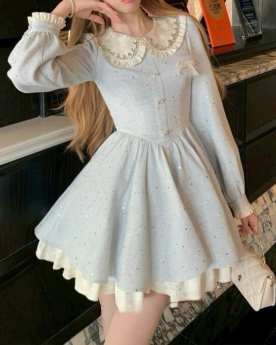 重工娃娃領收腰系閃水藍色洋裝