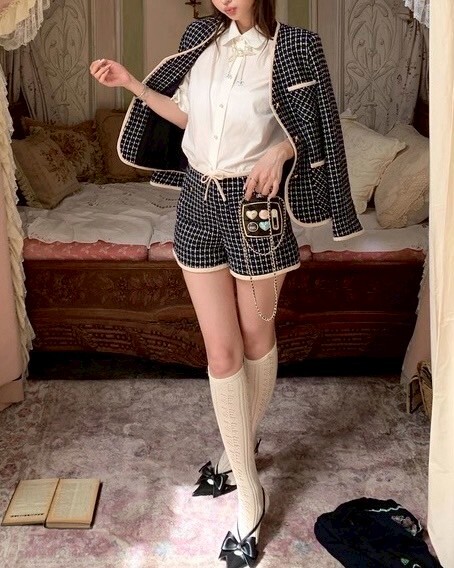 設計師家80%格紋羊毛復古設計撞色邊條外套+短褲