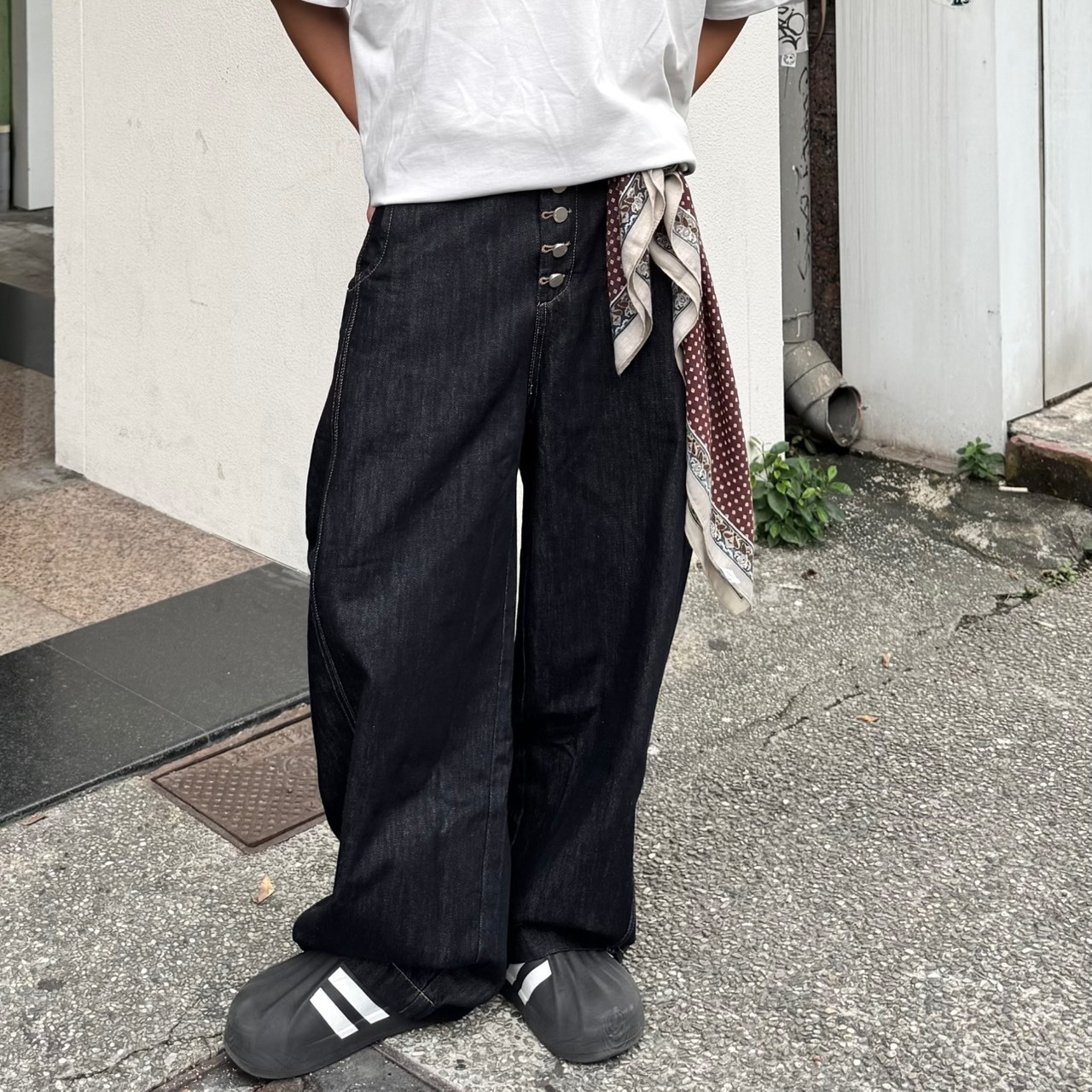 復古 多鈕扣 排扣 原色 車線 闊腿褲 NJ236