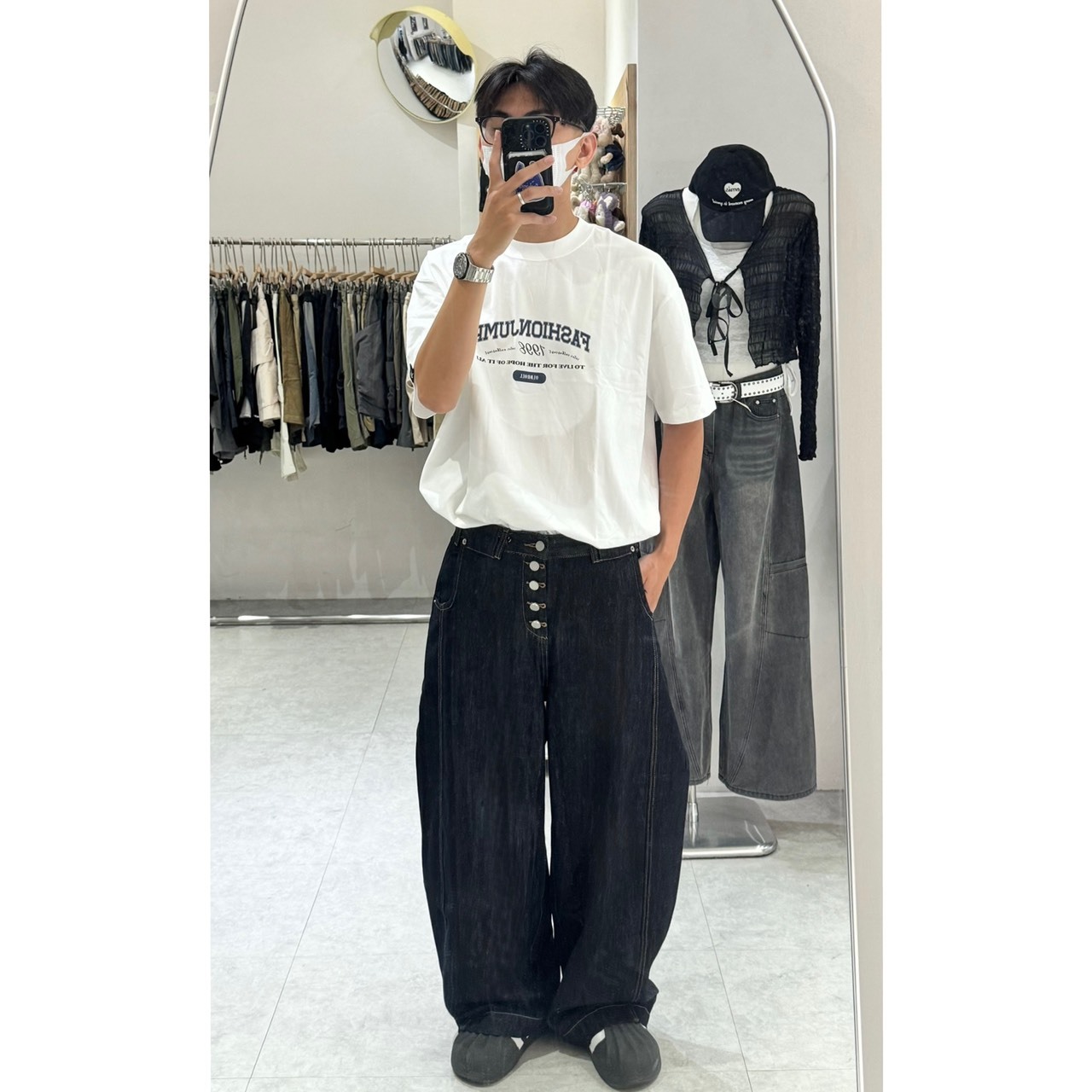 復古 多鈕扣 排扣 原色 車線 闊腿褲 NJ236