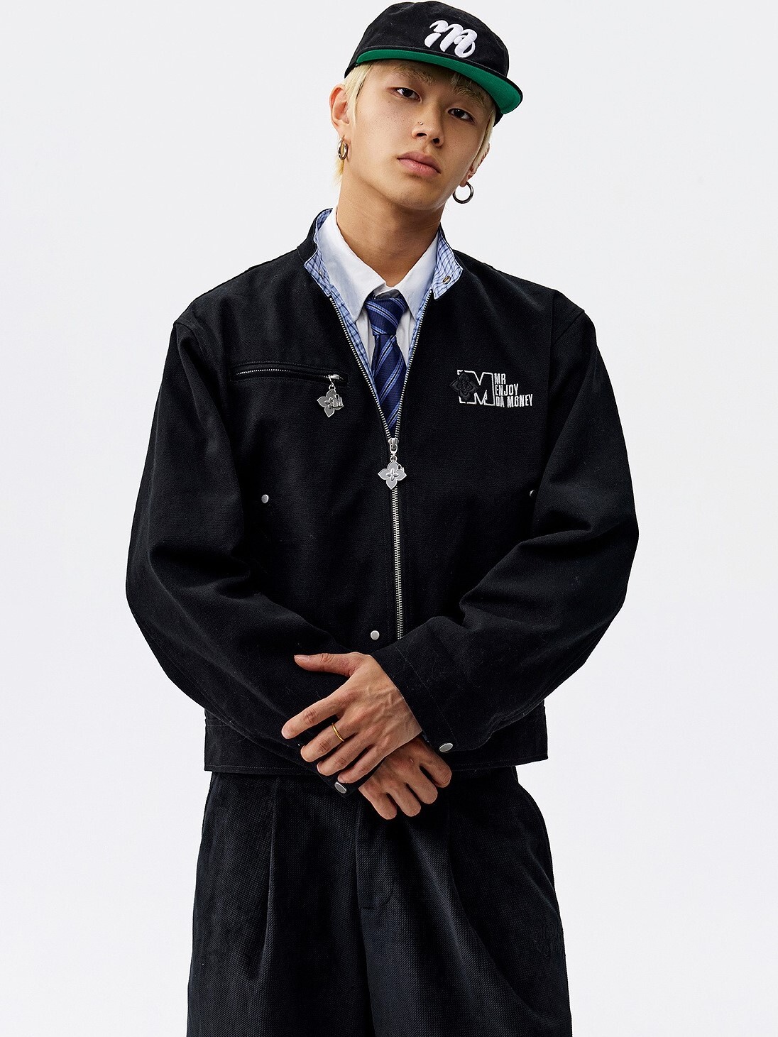 MEDM 素色格紋 十字花拉鍊 休閒外套