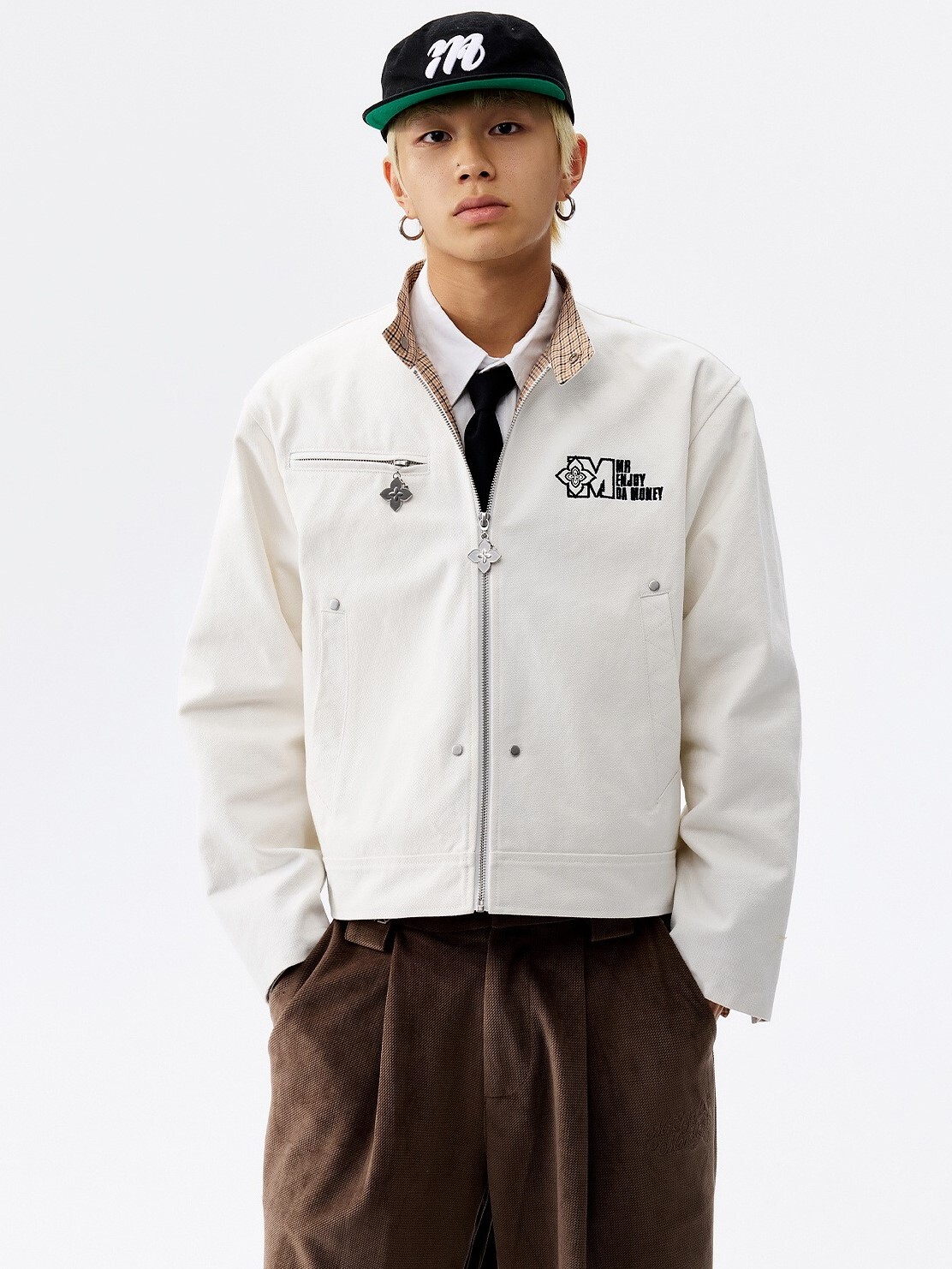 MEDM 素色格紋 十字花拉鍊 休閒外套