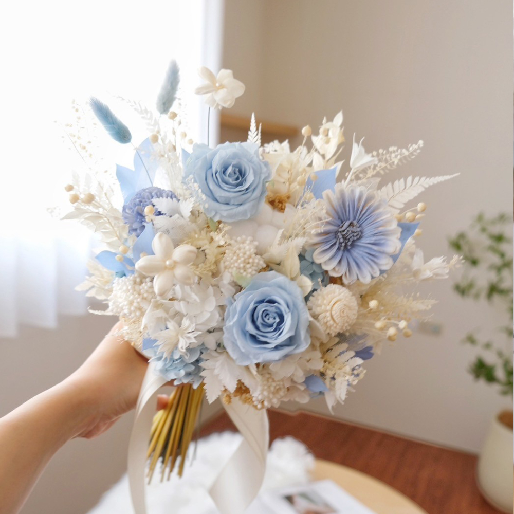 藍白色永生花 新娘捧花