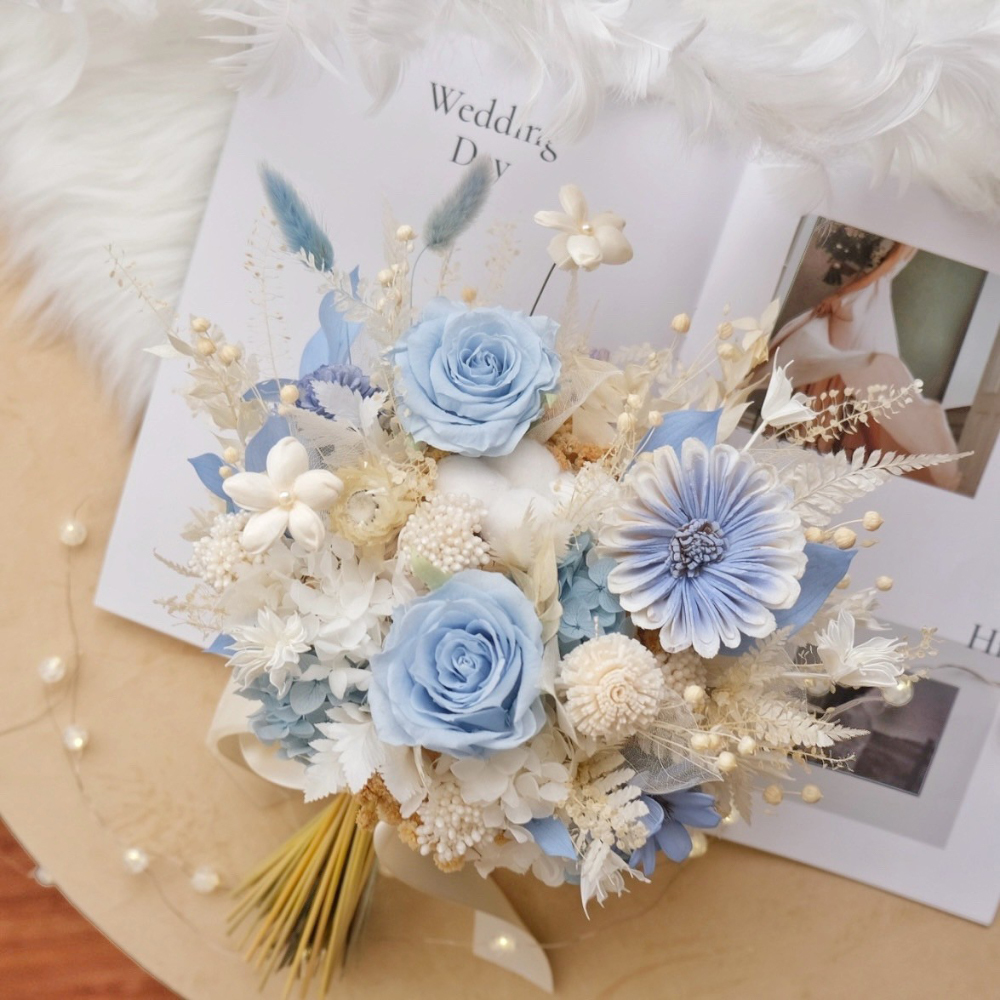 藍白色永生花 新娘捧花