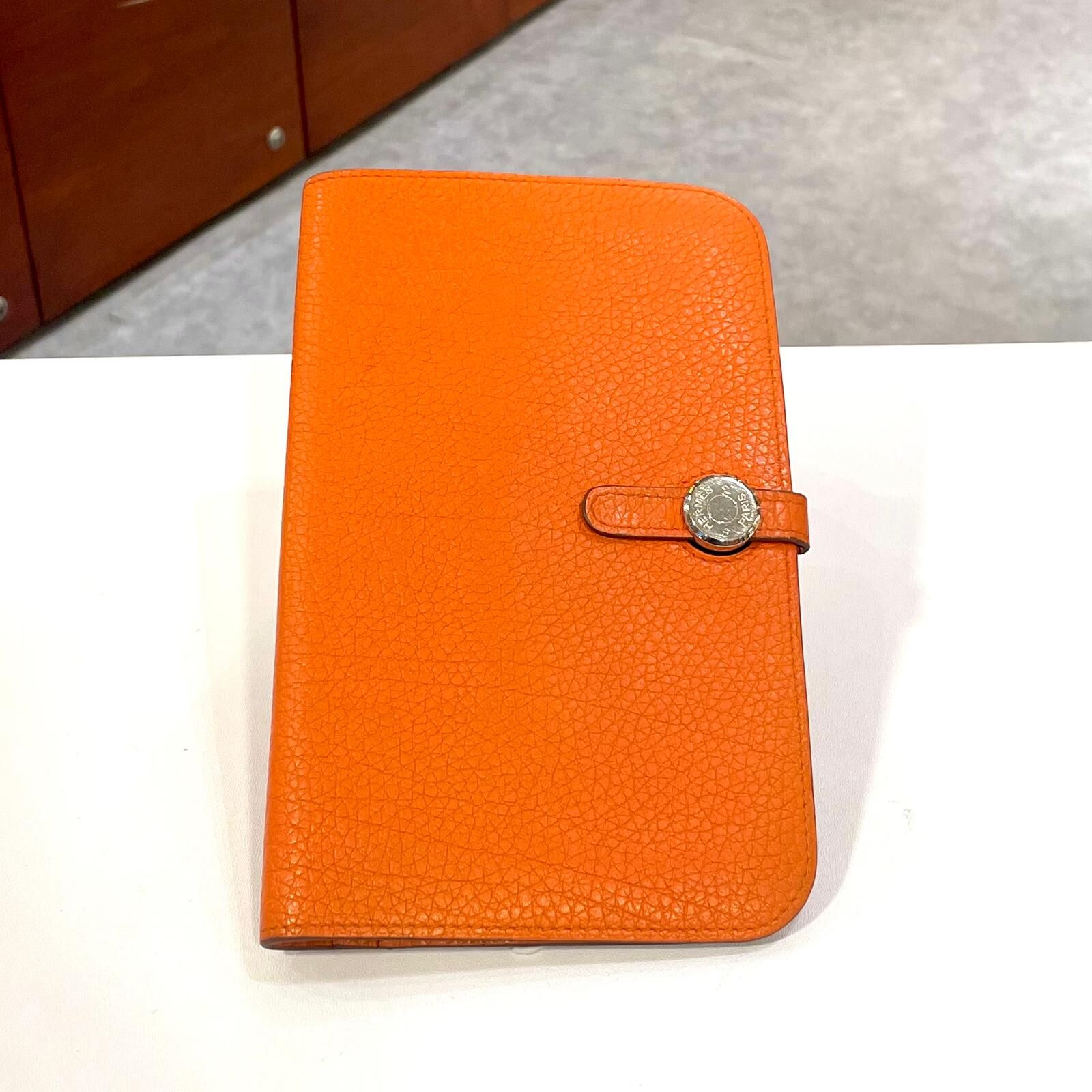 95%NEW二手HERMES長銀包 橙色銀扣TOGO皮 DOGON DUO WALLET ORANGE PHW#香榭站正品