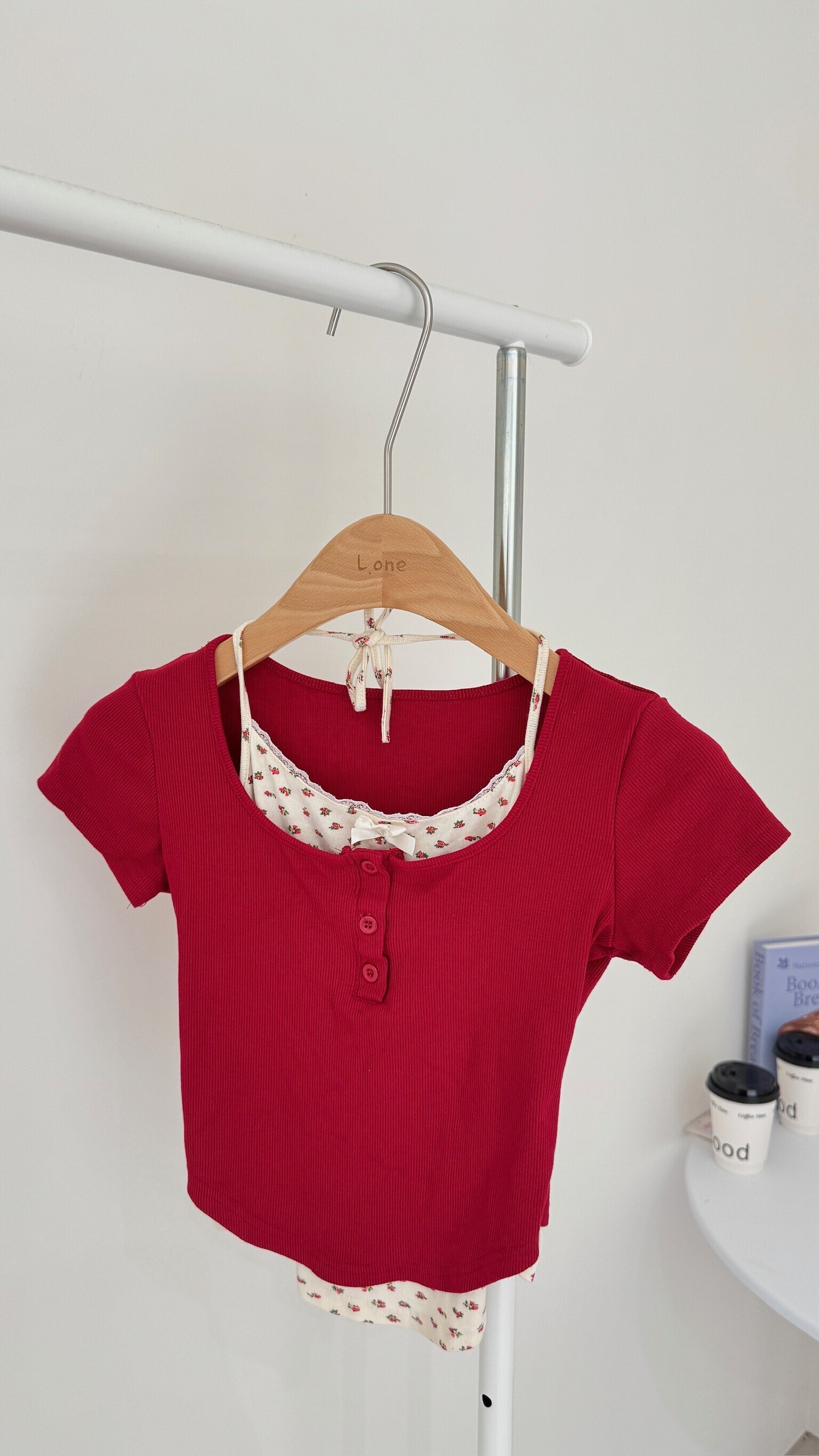 碎花繞脖綁帶假兩件上衣