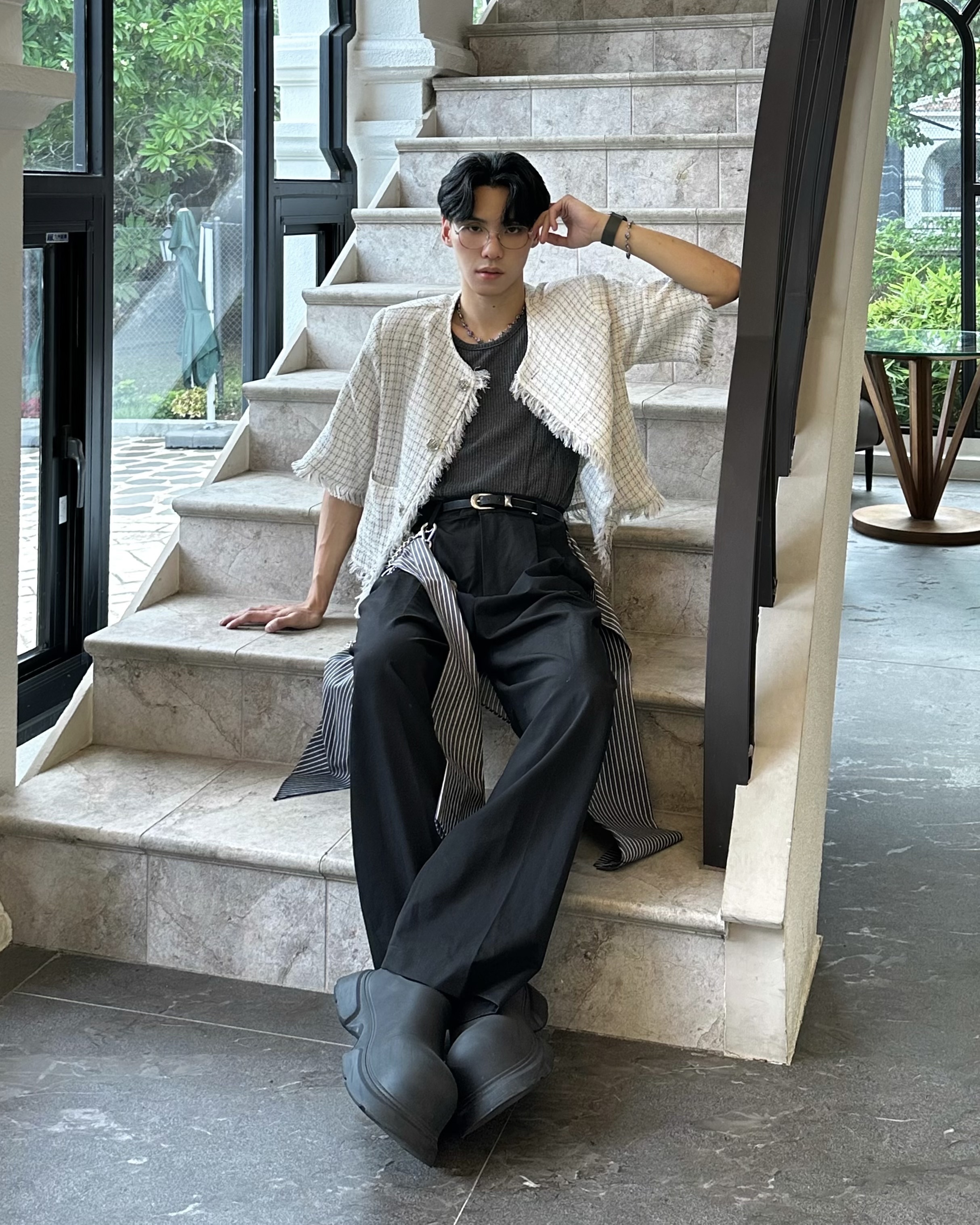 𝐇·𝐓·𝐒 韓國 BOXY 寬短設計 GD 小香風 針織毛邊 短版 短袖 外套