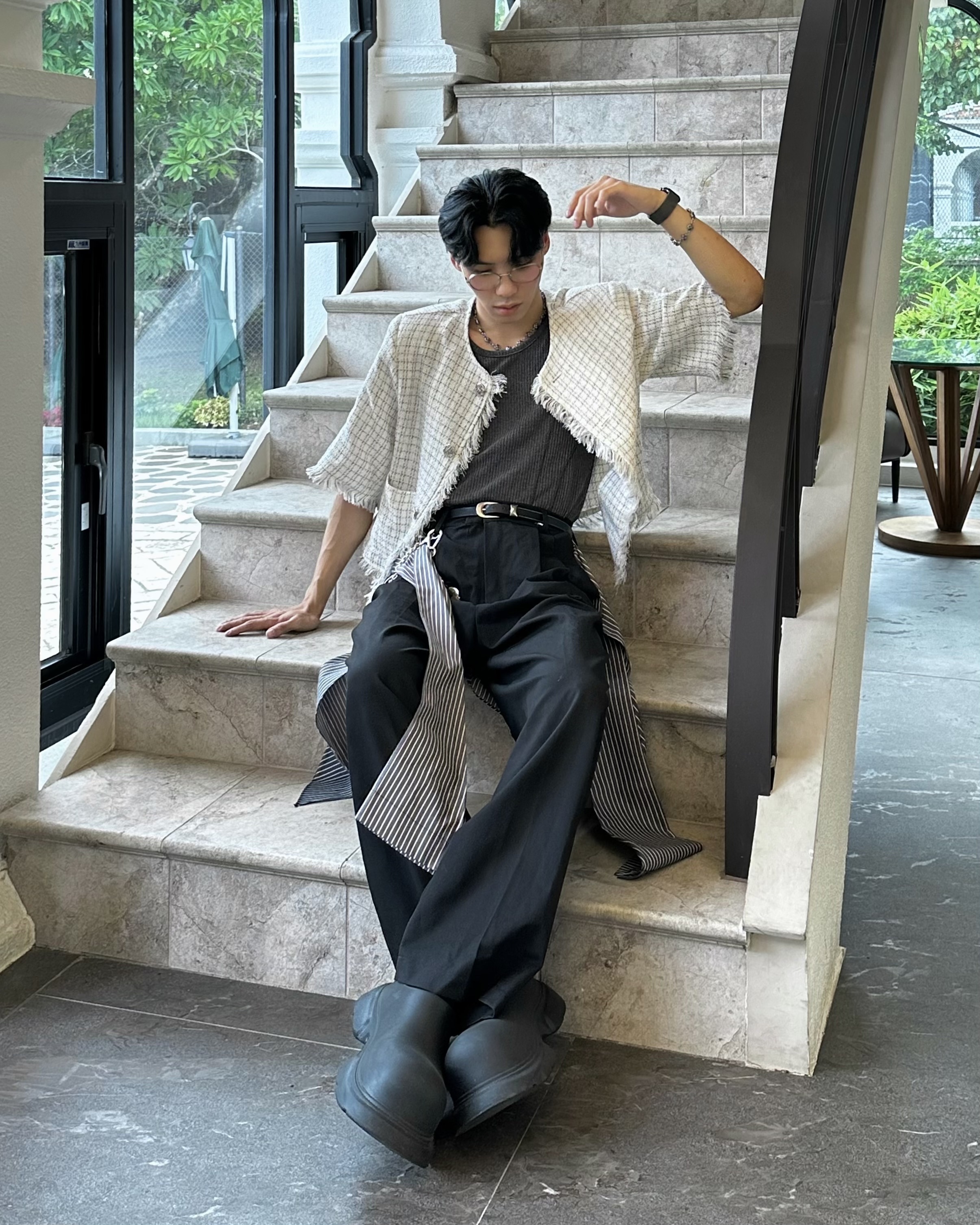 𝐇·𝐓·𝐒 韓國 BOXY 寬短設計 GD 小香風 針織毛邊 短版 短袖 外套